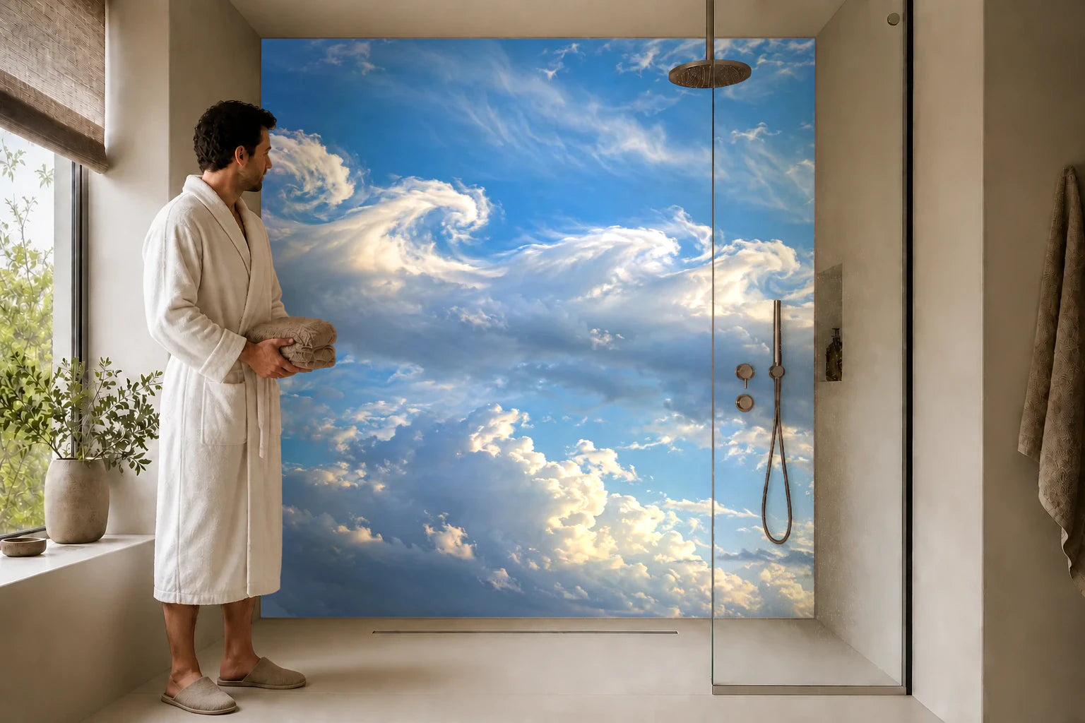 Duschrückwand „Wolkenwellen im Höhenlicht“ in einer Dusche mit einem Mann im Bademantel