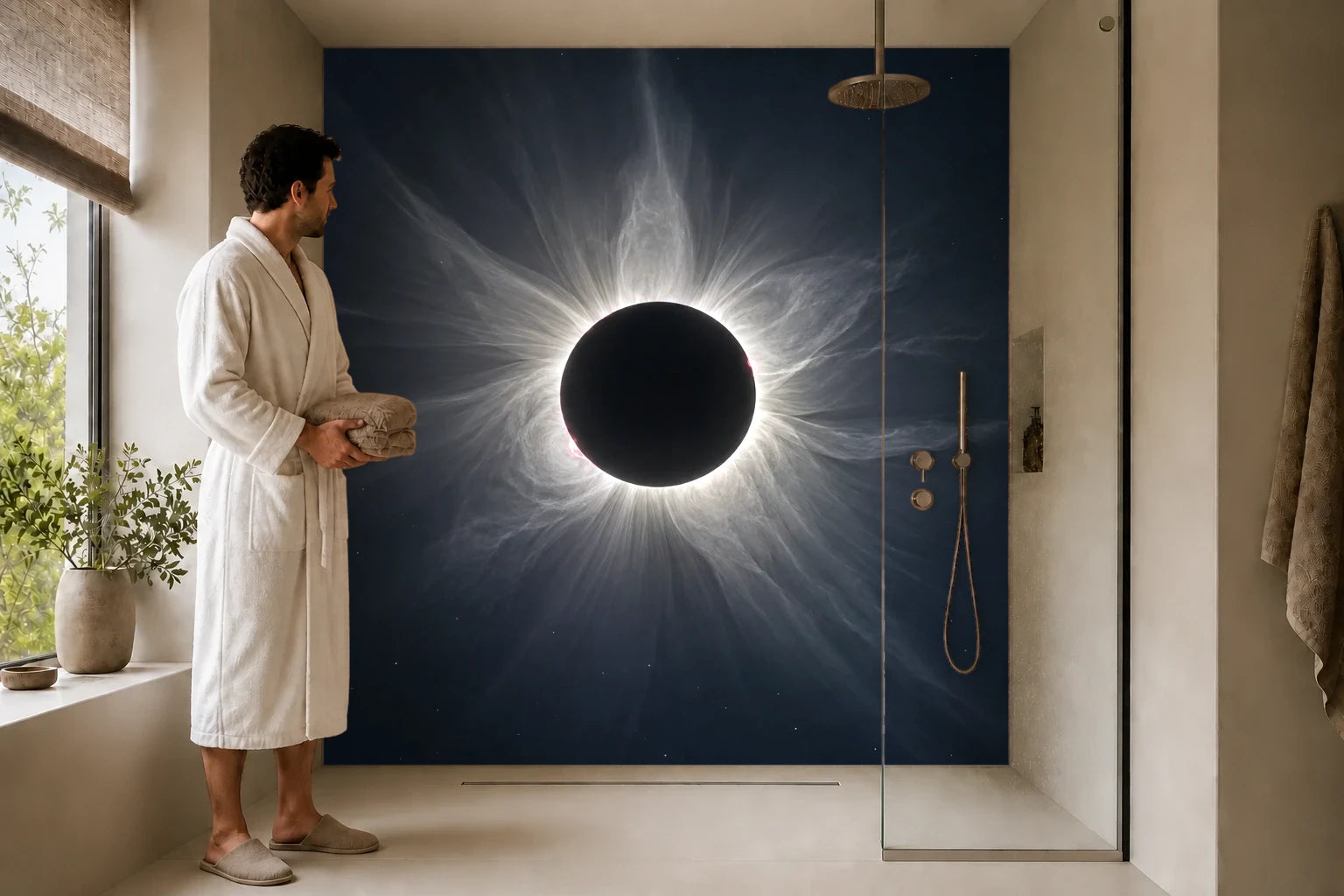Duschrückwand „Sonnenfinsternis mit feiner Korona“ in einer Dusche mit einem Mann im Bademantel