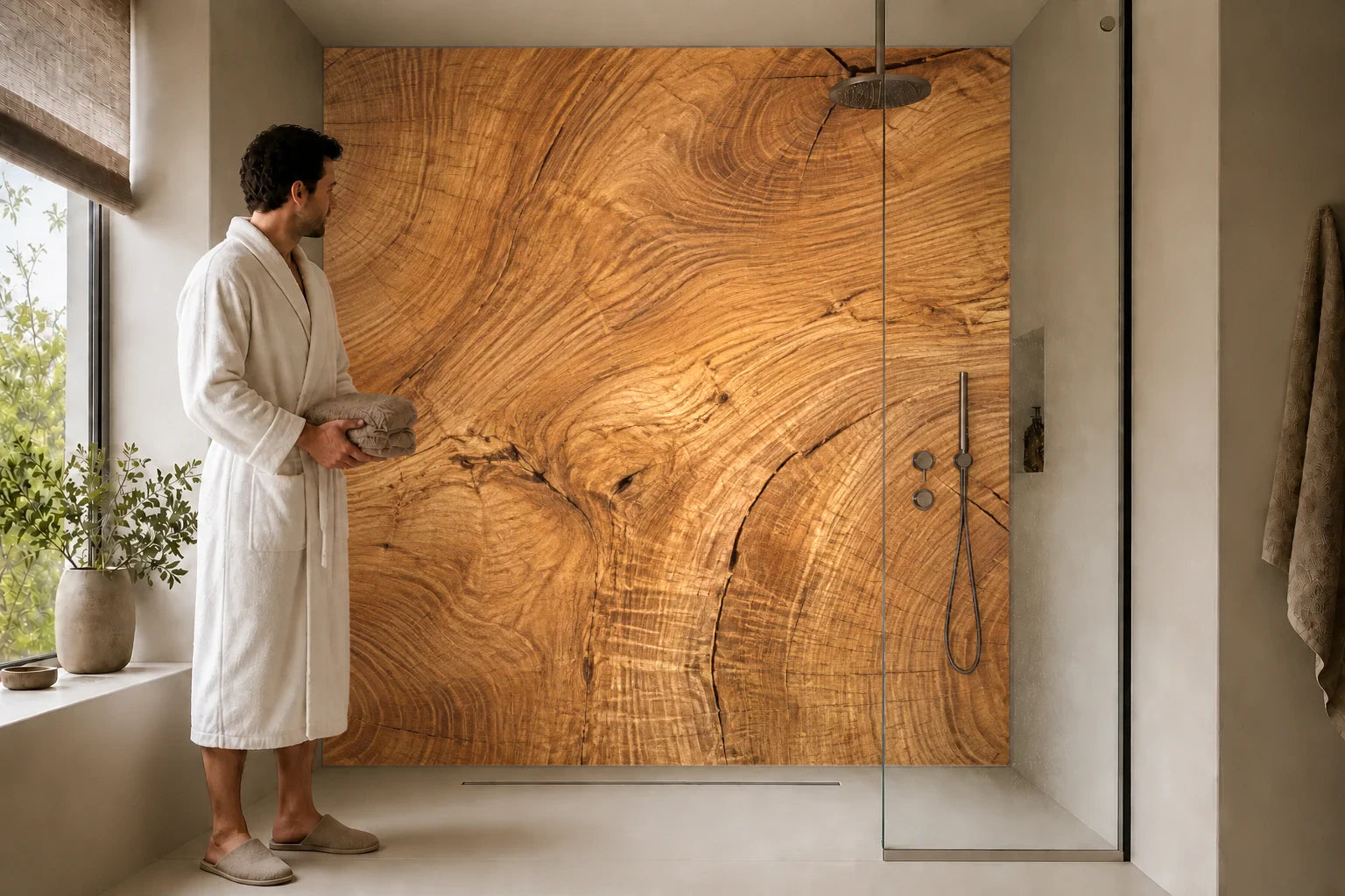 Duschrückwand „Hirnholz mit weiten Jahresringen“ in einer Dusche mit einem Mann im Bademantel