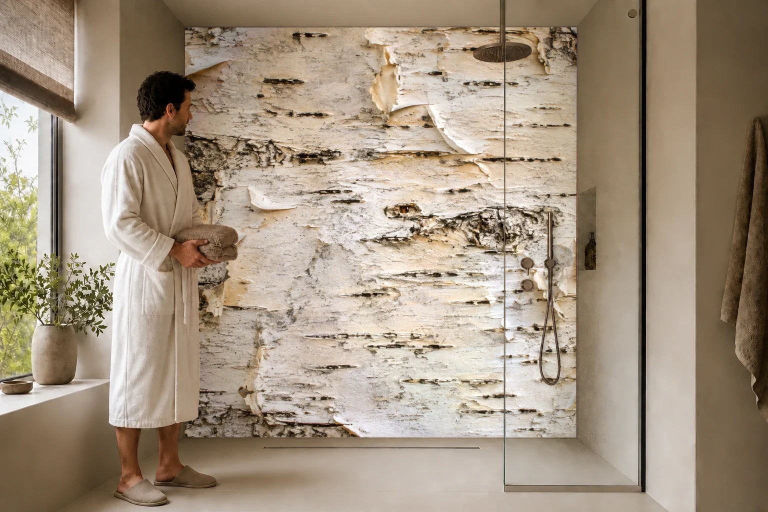 Duschrückwand „Birkenrinde mit feinen Schichten“ in einer Dusche mit einem Mann im Bademantel