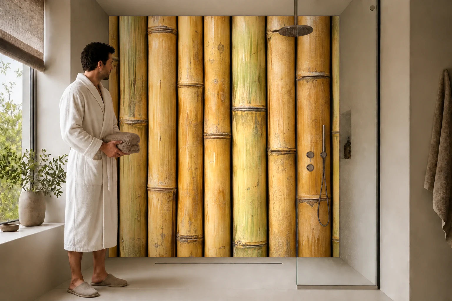 Duschrückwand „Bambus mit breiten Knotenringen“ in einer Dusche mit einem Mann im Bademantel