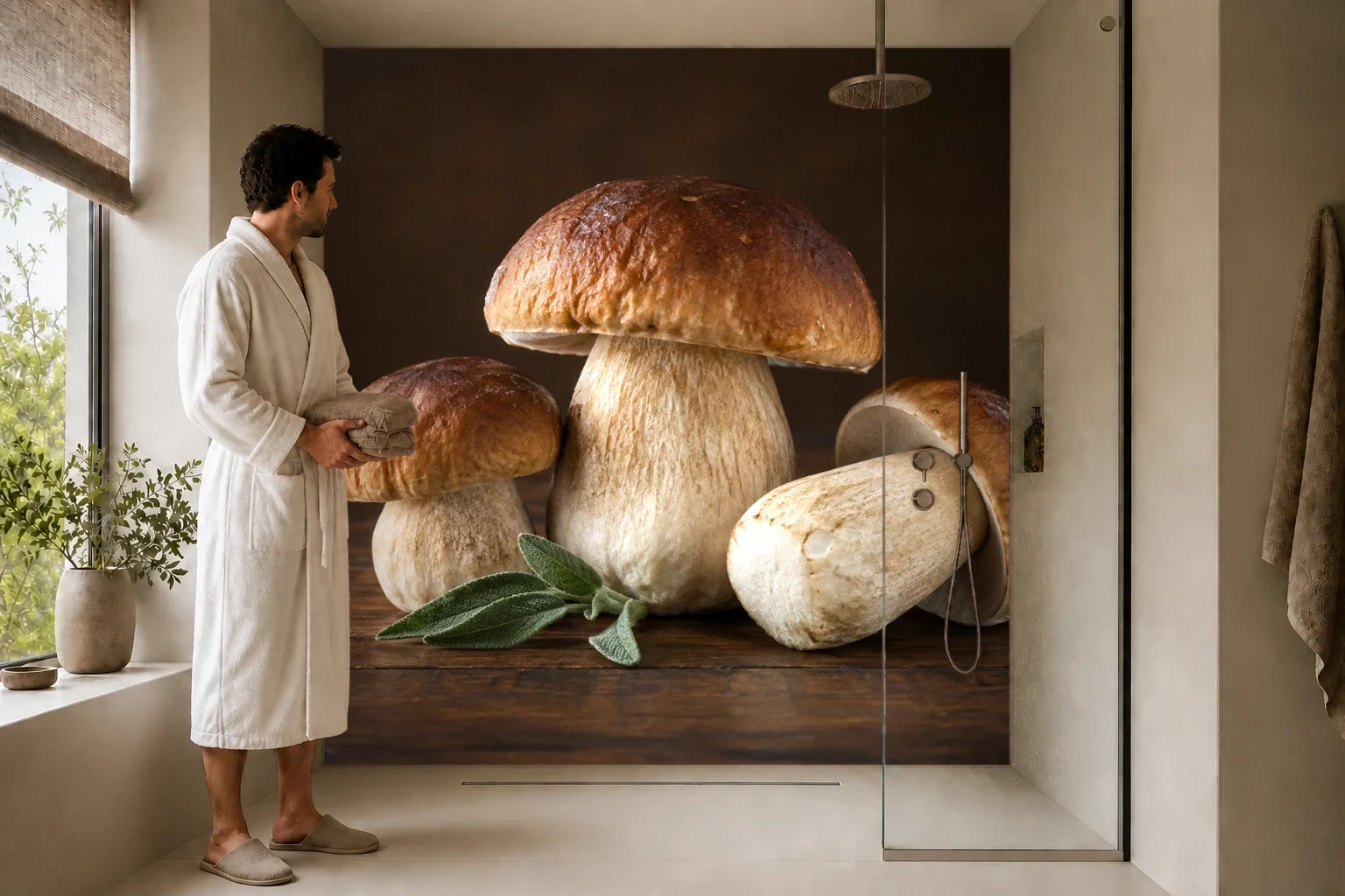 Duschrückwand „Steinpilze auf dunklem Holz“ in einer Dusche mit einem Mann im Bademantel