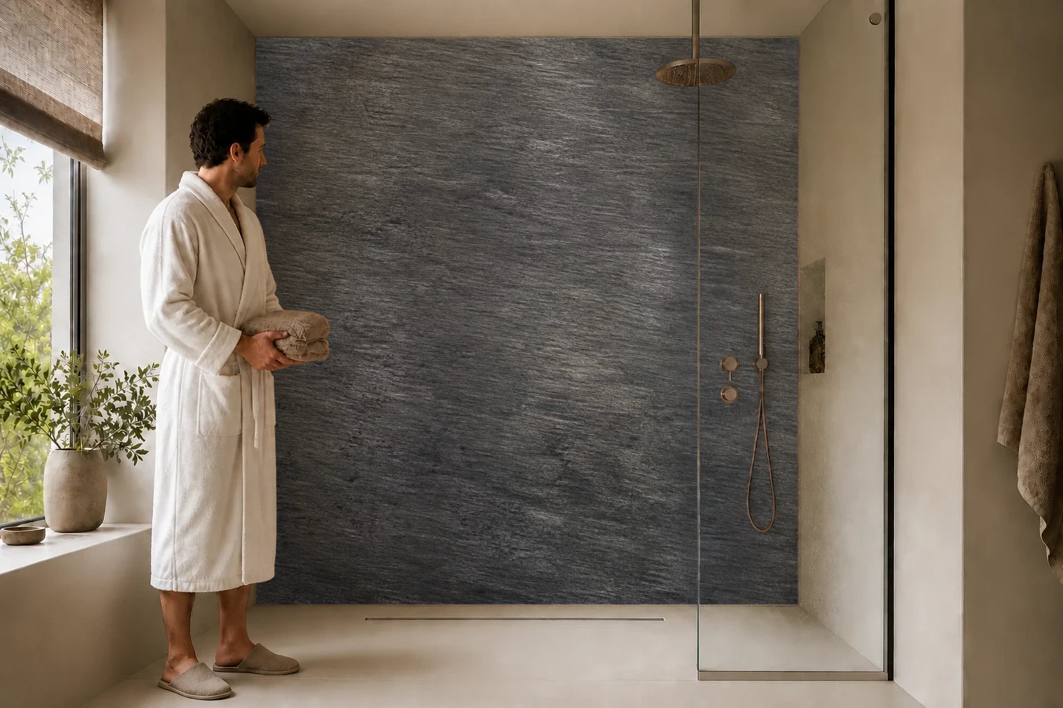 Duschrückwand „Stahlspuren in Anthrazit“ in einer Dusche mit einem Mann im Bademantel