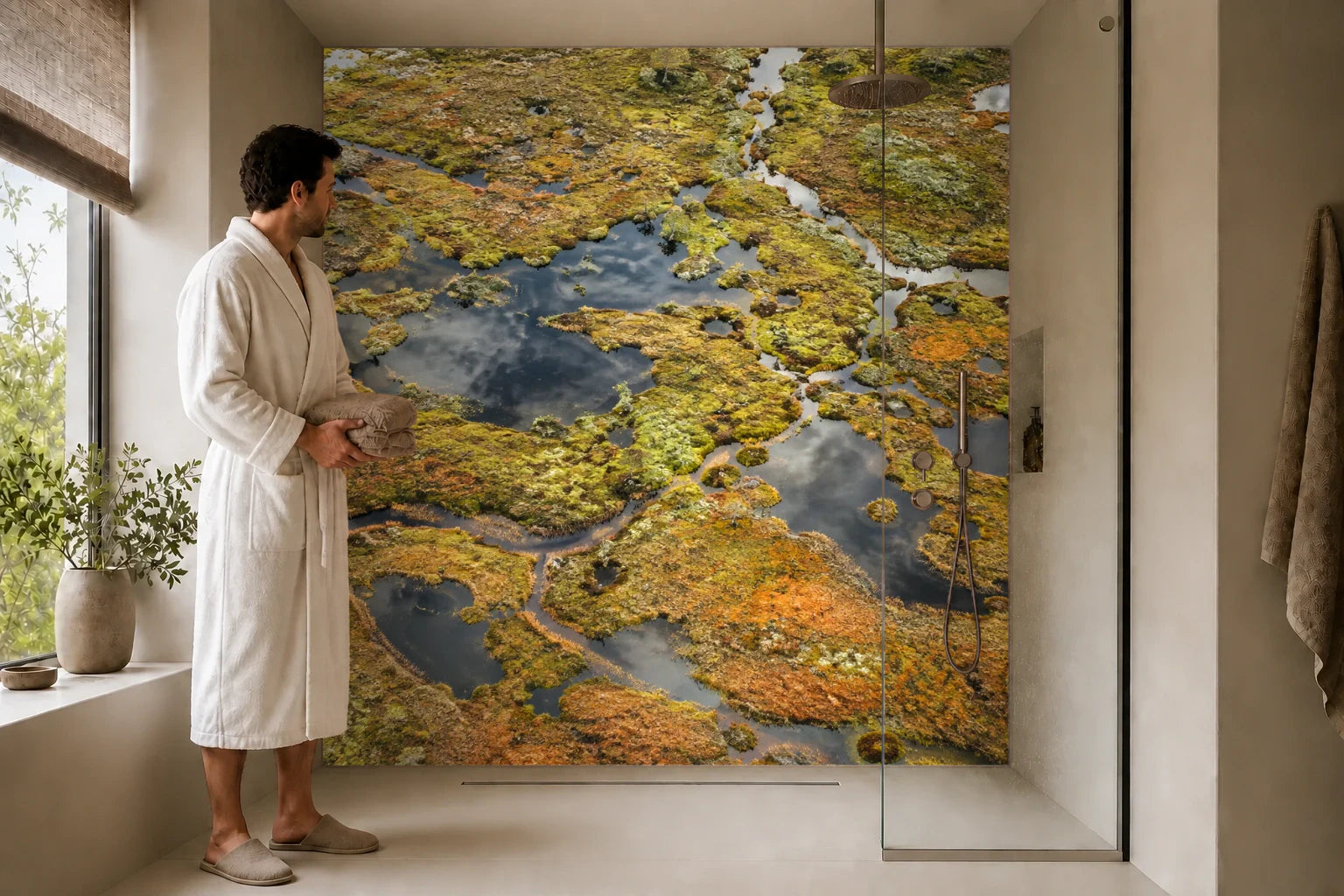 Duschrückwand „Moorlandschaft mit dunklen Wasseraugen“ in einer Dusche mit einem Mann im Bademantel