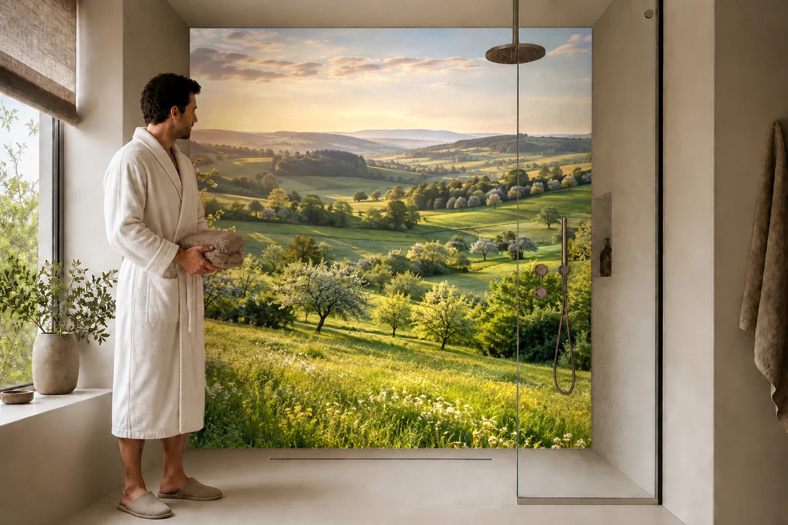 Duschrückwand „Obstgärten zwischen sanften Hügeln“ in einer Dusche mit einem Mann im Bademantel