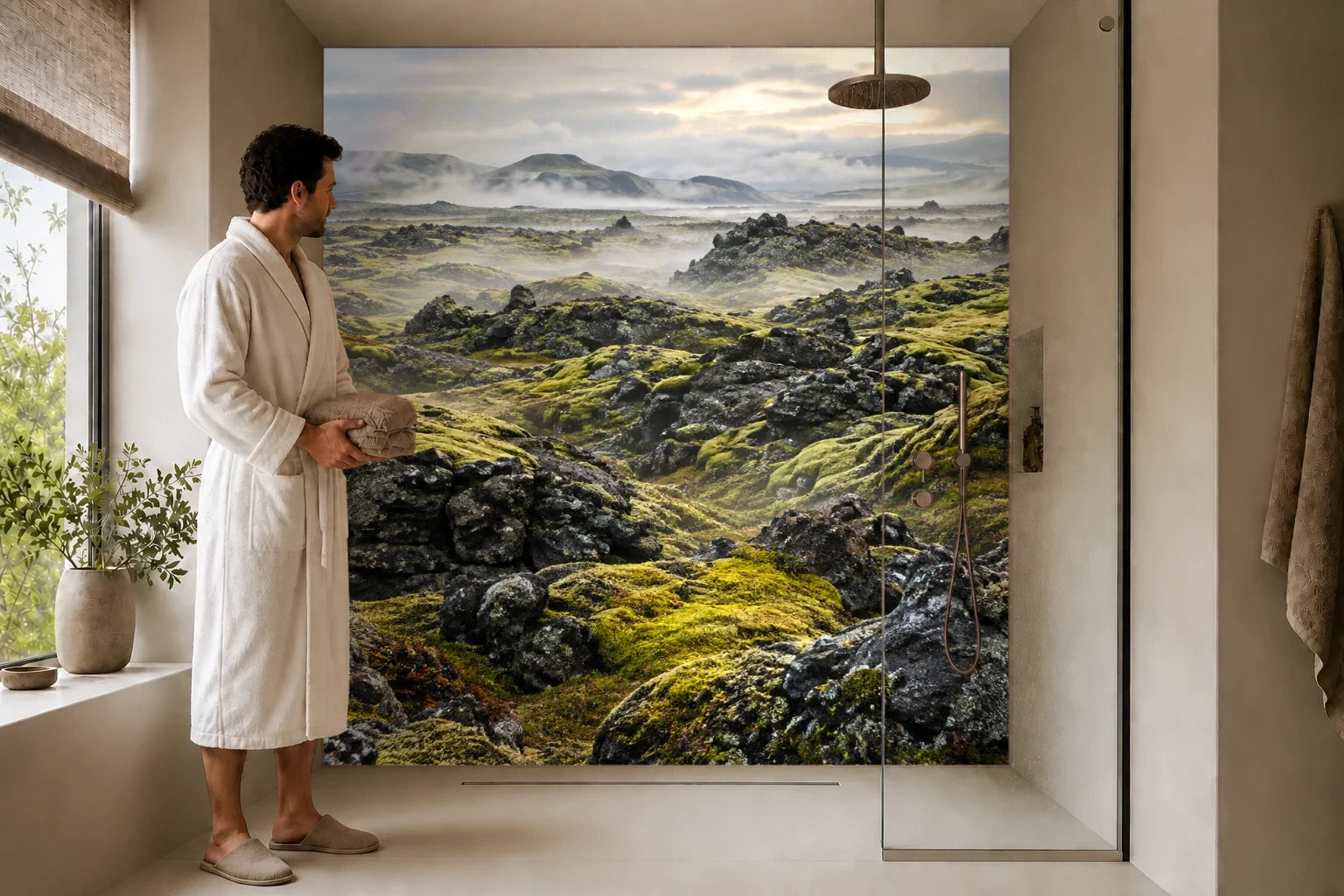 Duschrückwand „Lavafelder unter hellem Nebel“ in einer Dusche mit einem Mann im Bademantel