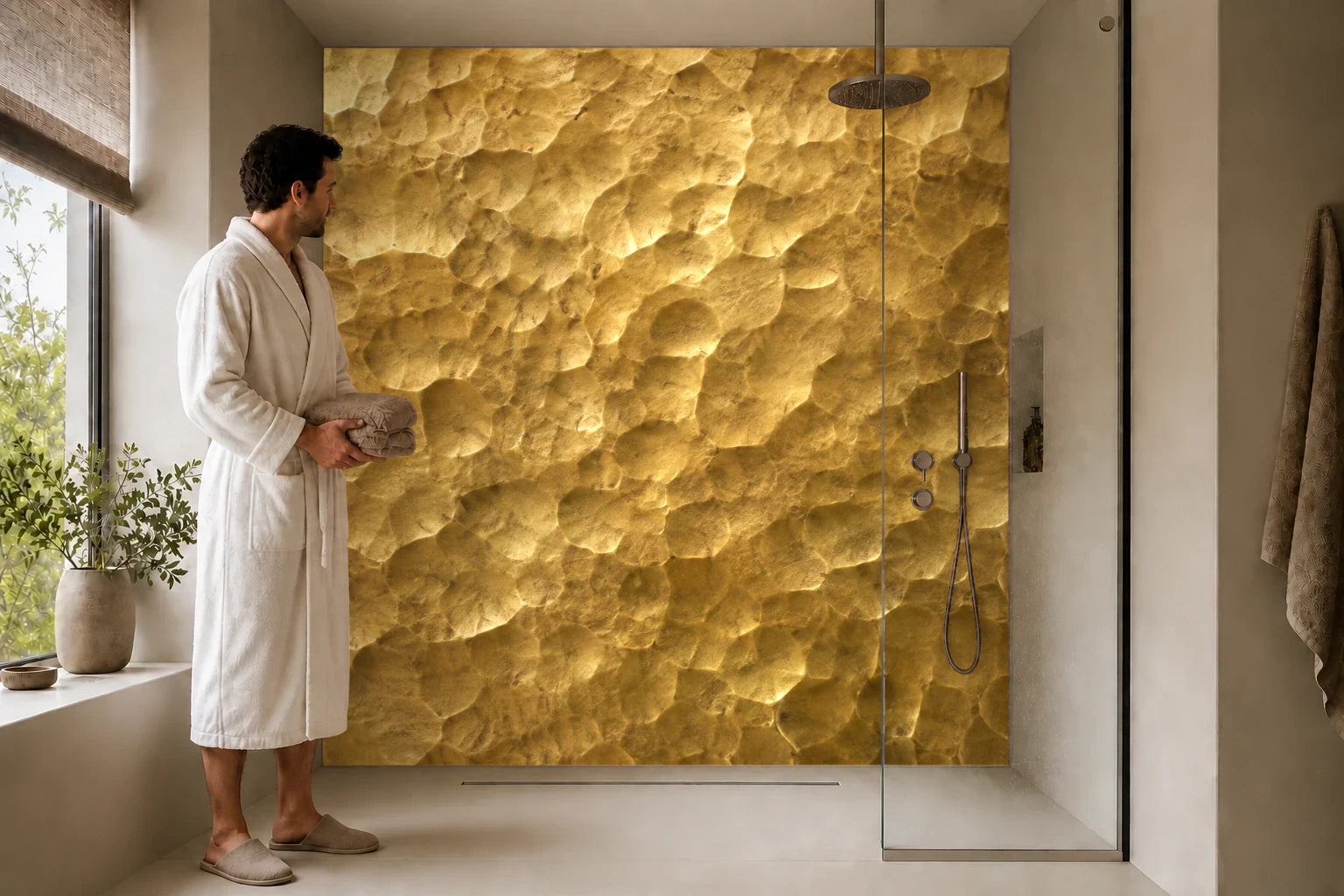 Duschrückwand „Gehämmertes Messing im Seitenlicht“ in einer Dusche mit einem Mann im Bademantel