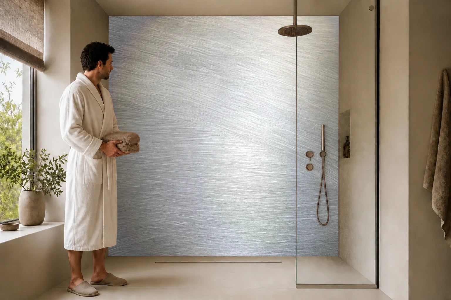 Duschrückwand „Gebürstetes Aluminium mit Kreuzschliff“ in einer Dusche mit einem Mann im Bademantel