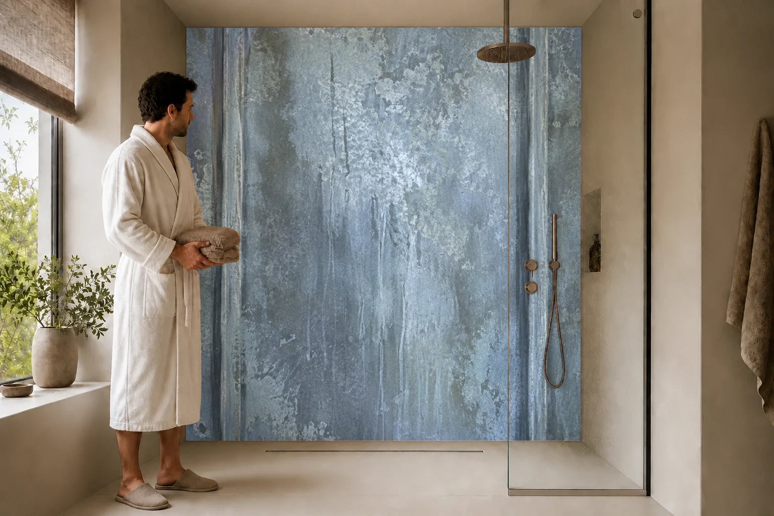 Duschrückwand „Zinkblech mit verwitterten Falzen“ in einer Dusche mit einem Mann im Bademantel
