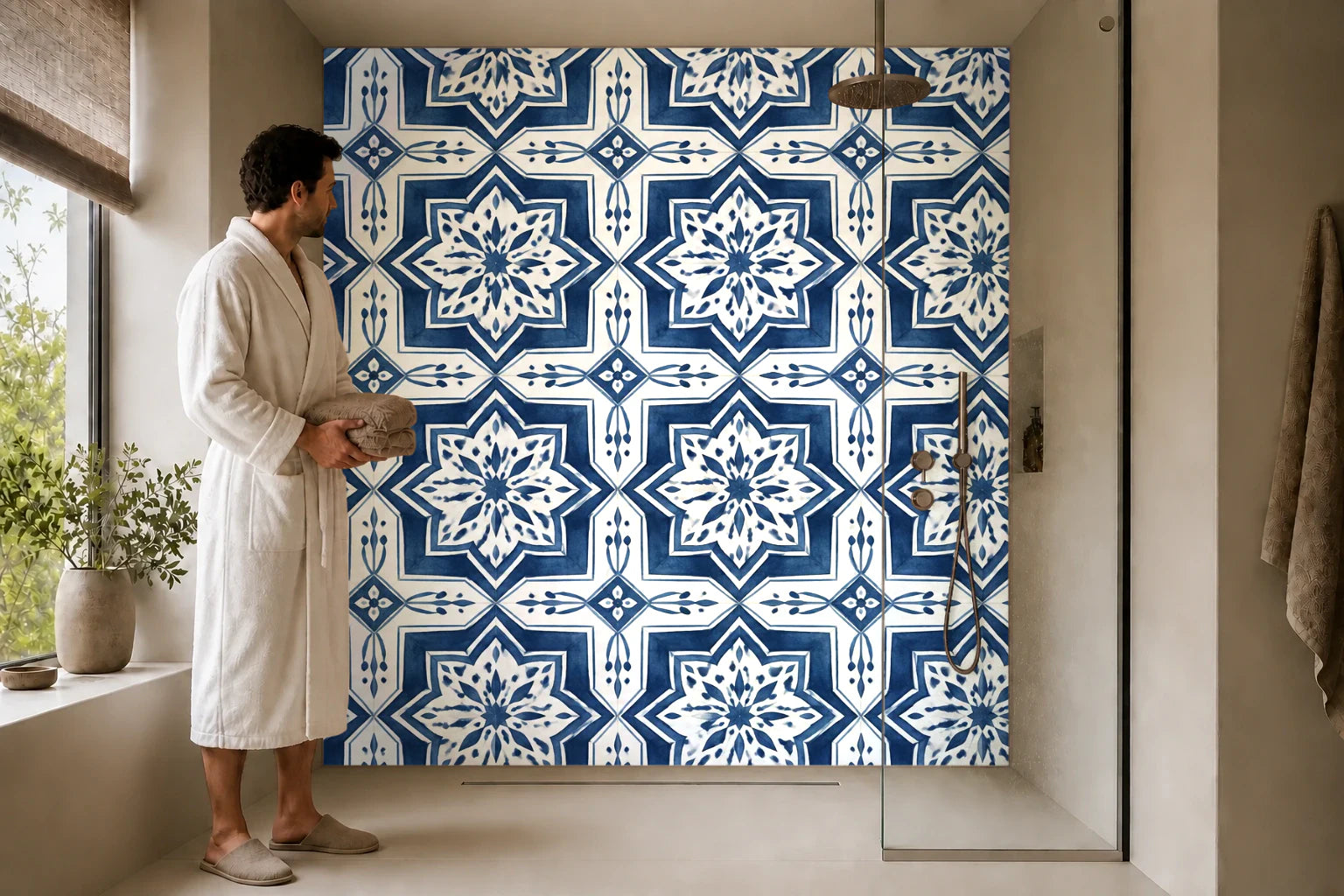 Duschrückwand „Sternfliesen in Indigo und Creme“ in einer Dusche mit einem Mann im Bademantel