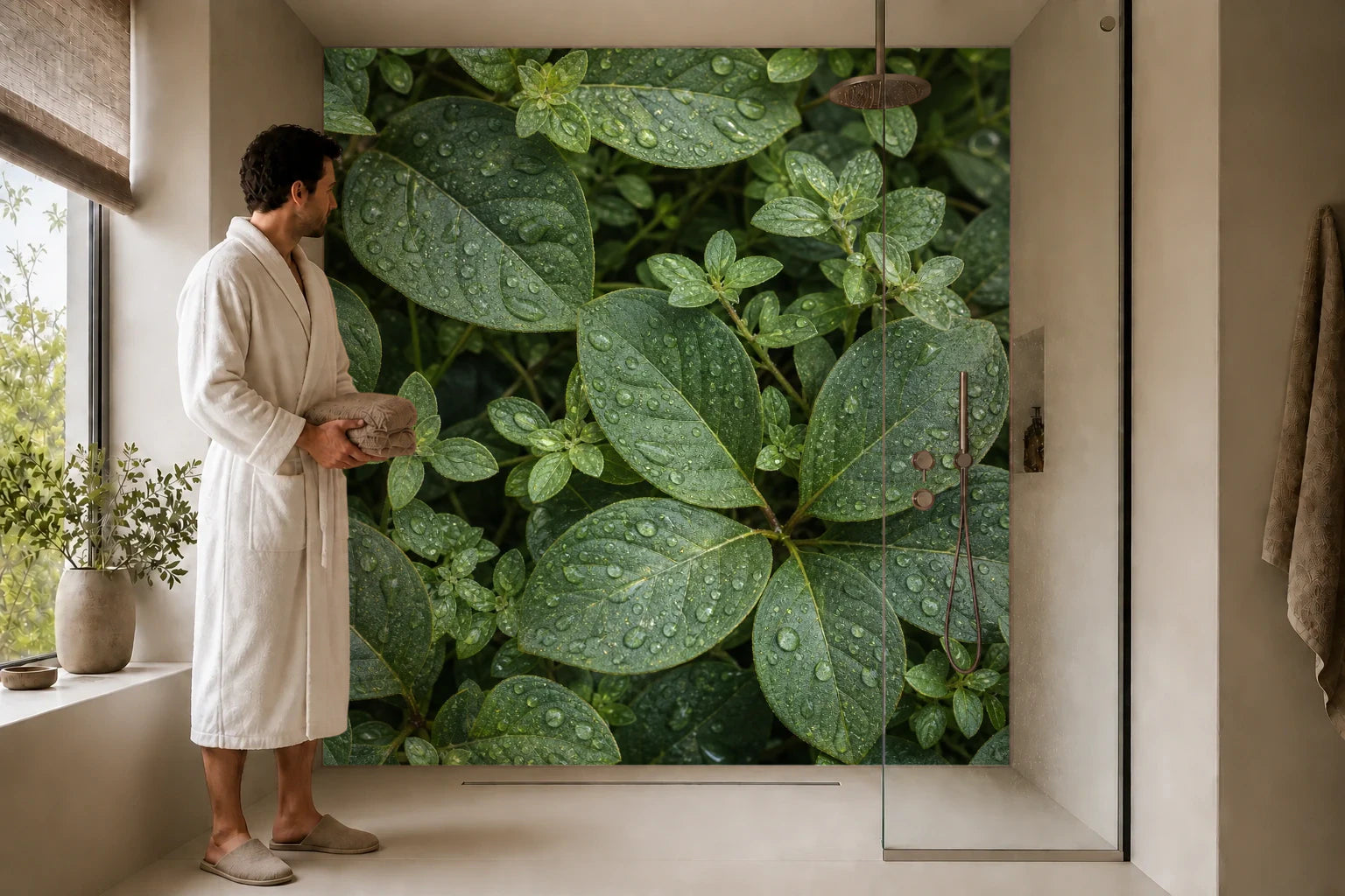 Duschrückwand „Tautropfen auf Blattgrün“ in einer Dusche mit einem Mann im Bademantel