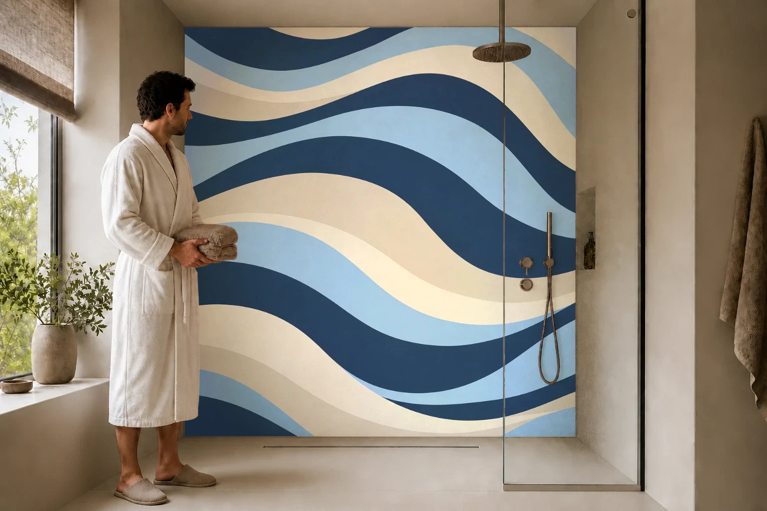 Duschrückwand „Wellenbänder in Blau und Sand“ in einer Dusche mit einem Mann im Bademantel