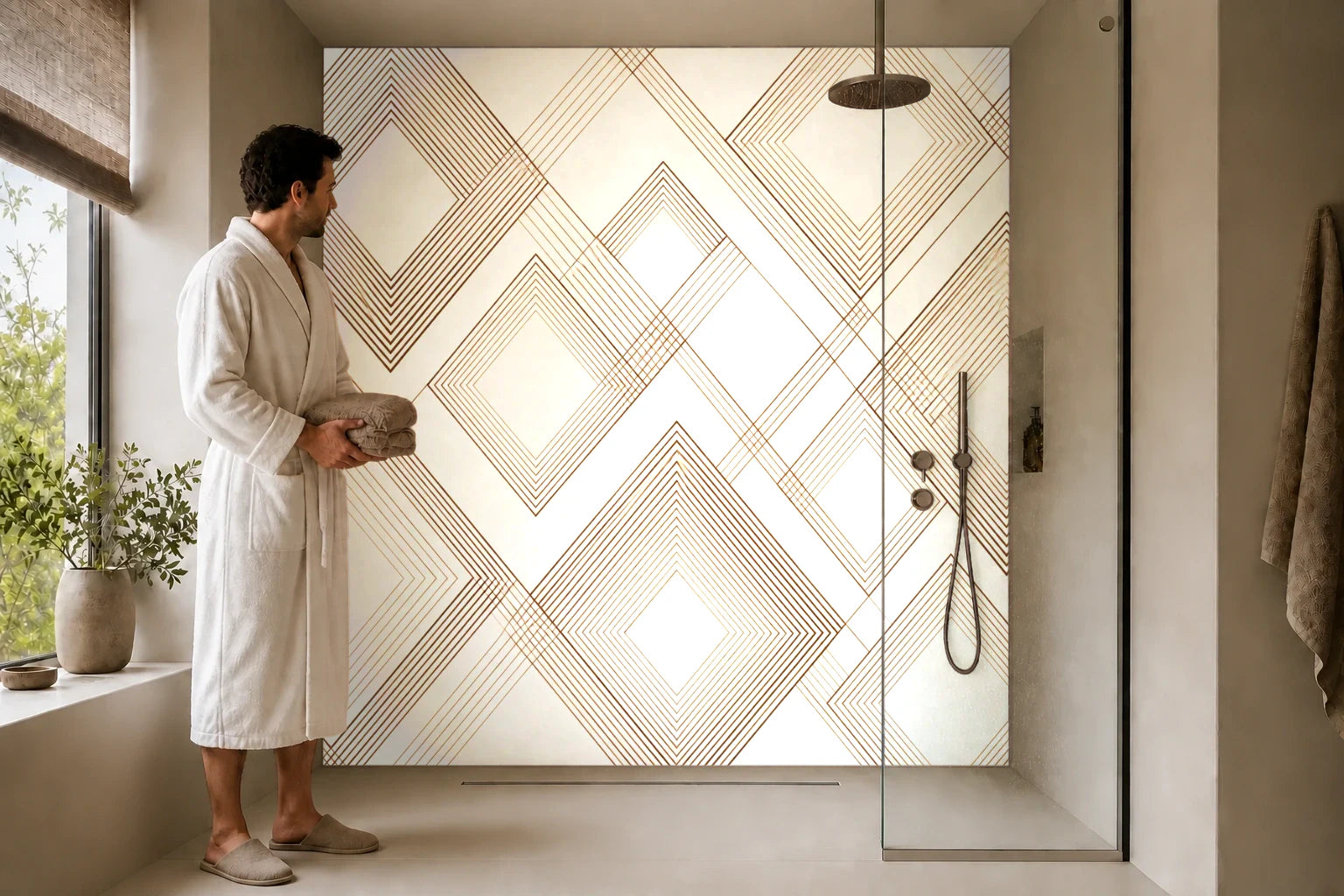 Duschrückwand „Rauten aus feinen Linien“ in einer Dusche mit einem Mann im Bademantel