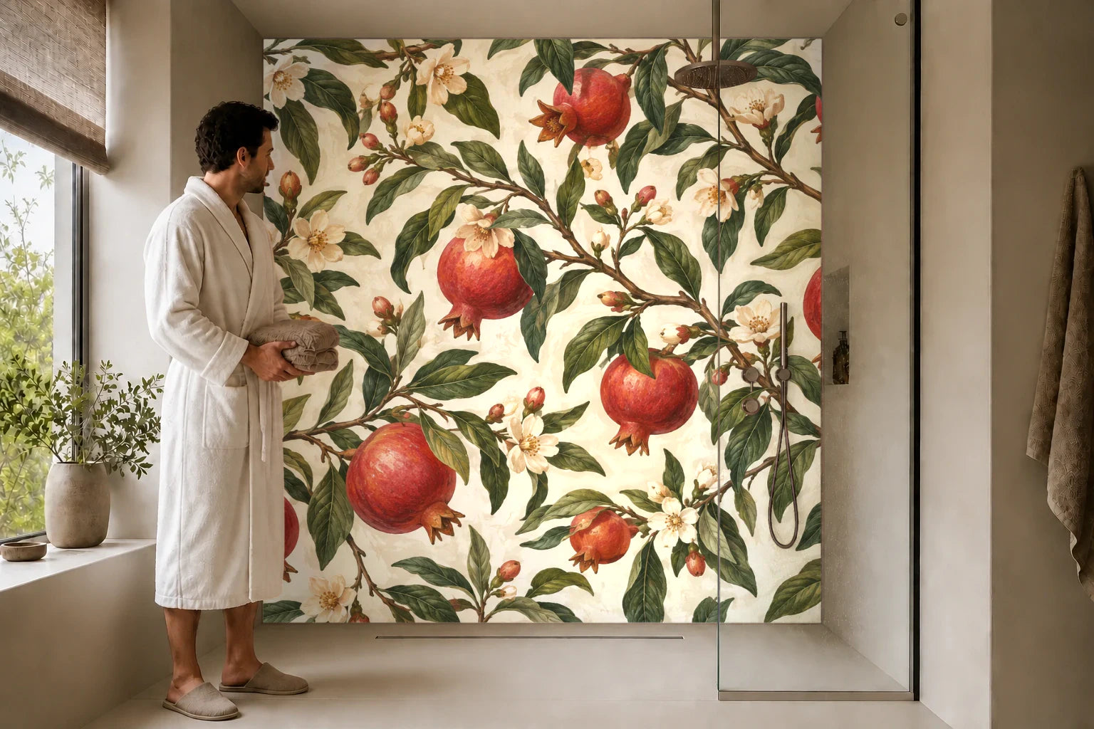 Duschrückwand „Rankenornament mit Granatäpfeln“ in einer Dusche mit einem Mann im Bademantel