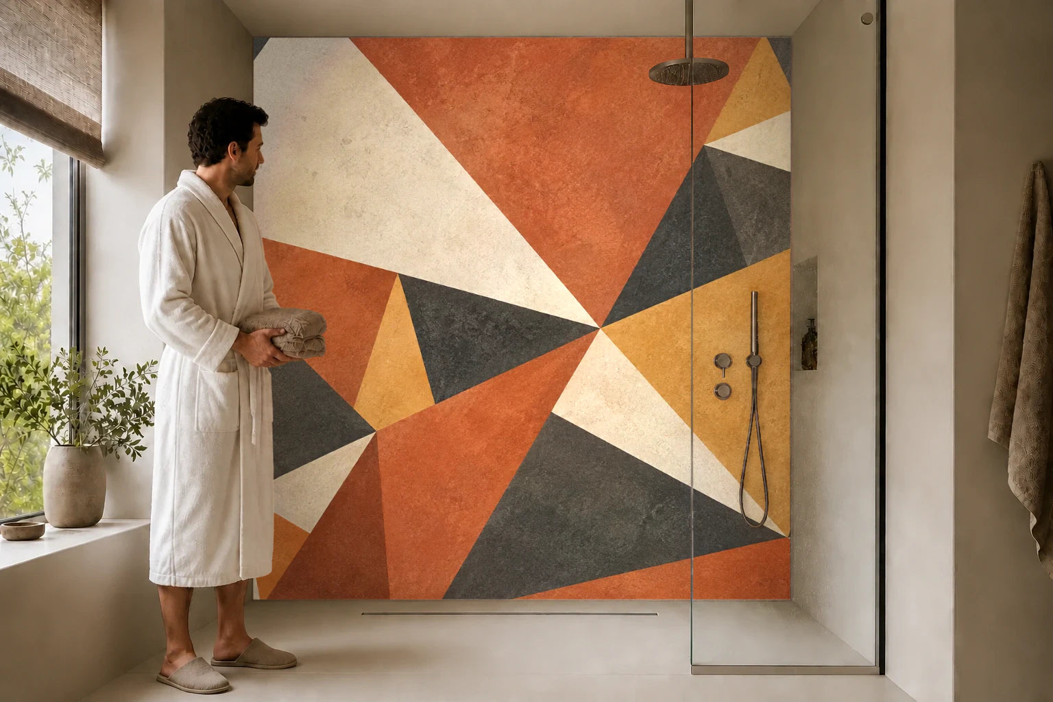 Duschrückwand „Dreiecke in Erdtönen“ in einer Dusche mit einem Mann im Bademantel