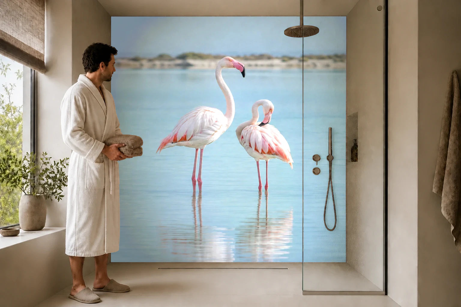 Duschrückwand „Flamingopaar im stillen Wasser“ in einer Dusche mit einem Mann im Bademantel