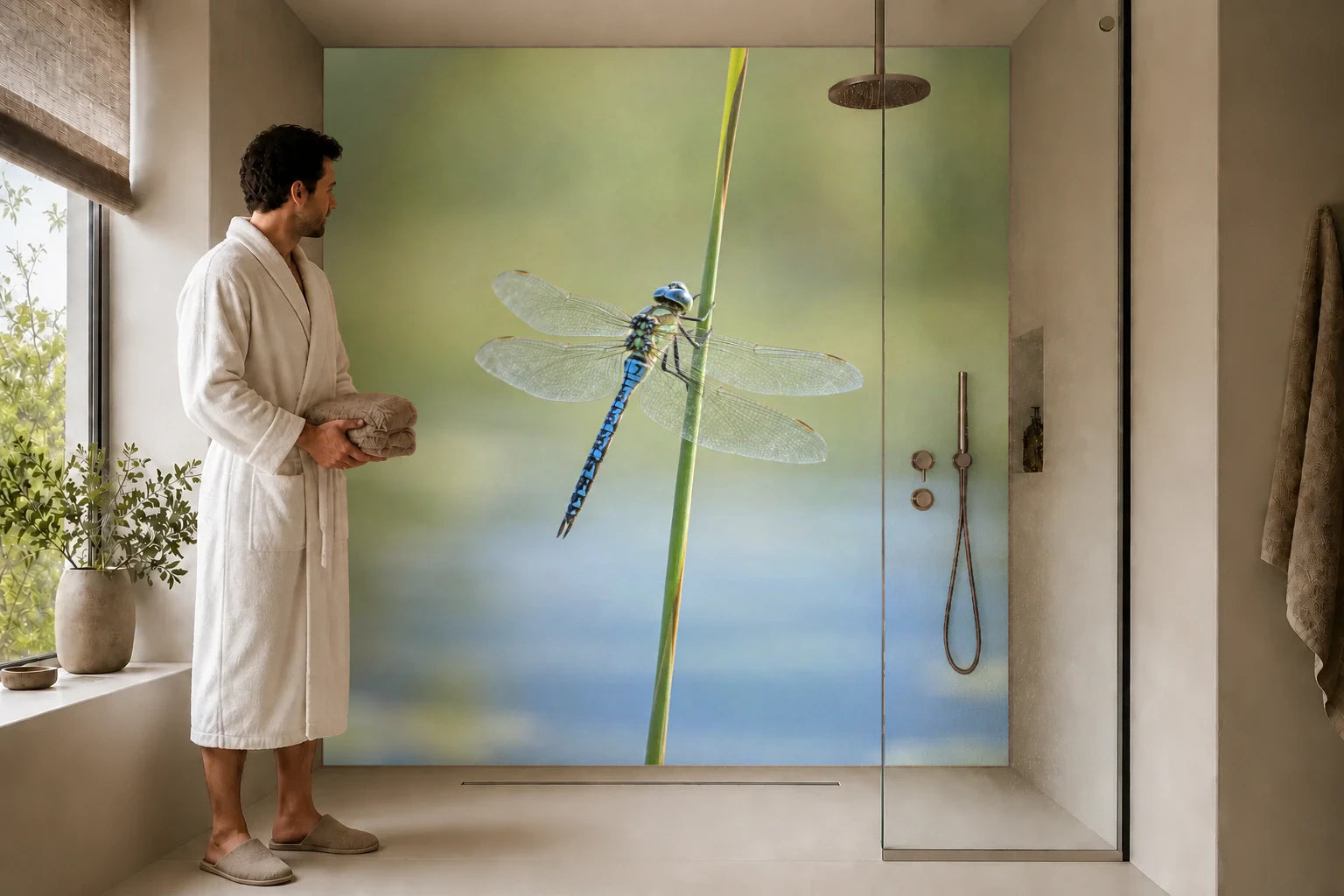 Duschrückwand „Blaue Libelle am Schilf“ in einer Dusche mit einem Mann im Bademantel