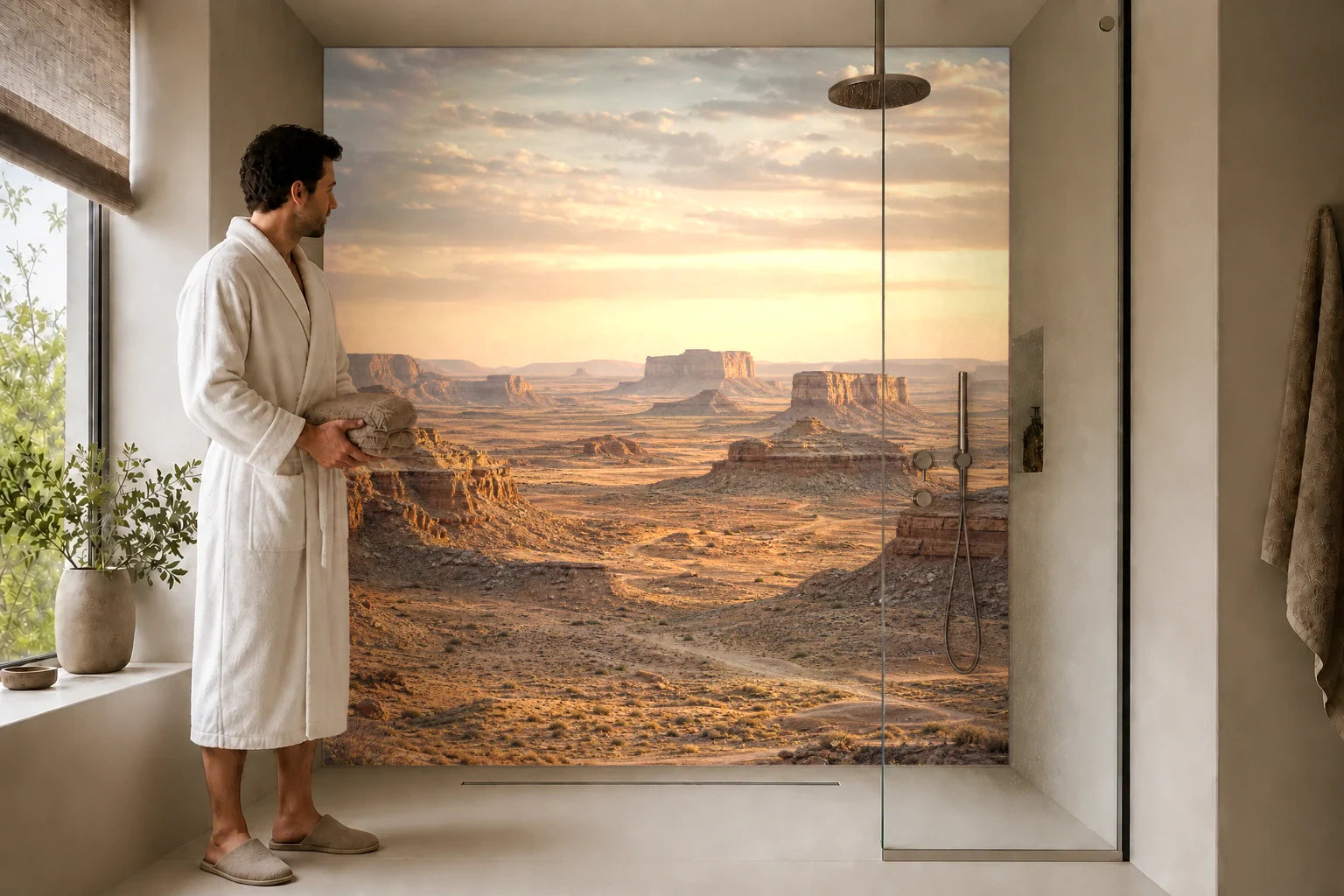 Duschrückwand „Wüstenplateau im Abendgold“ in einer Dusche mit einem Mann im Bademantel