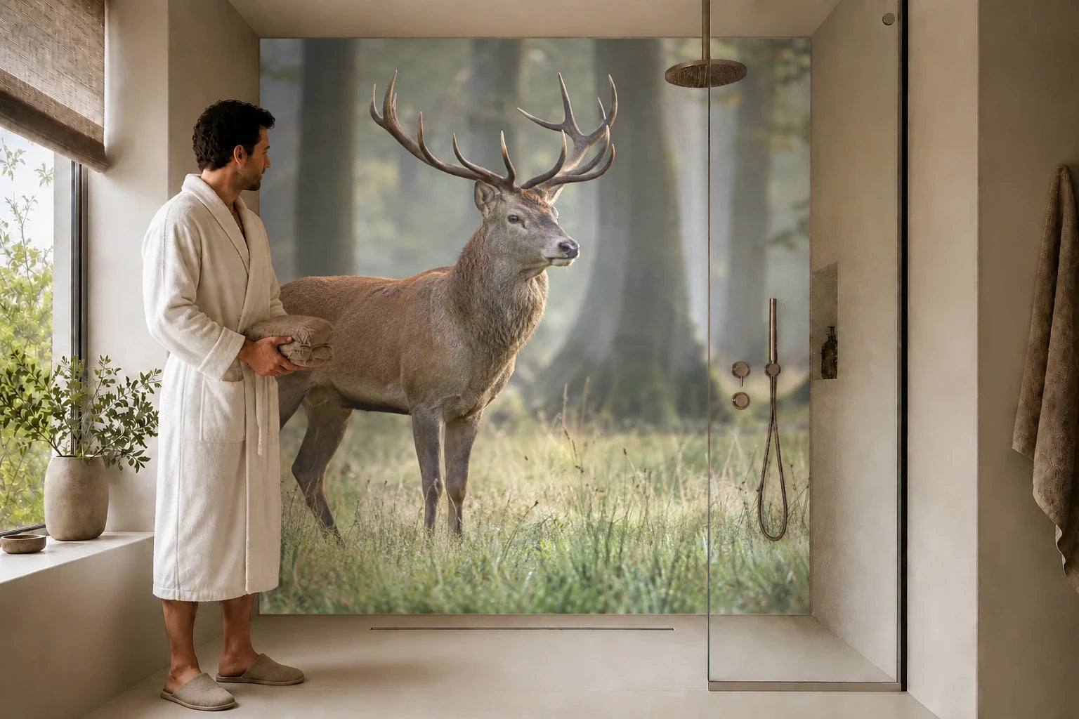 Duschrückwand „Rothirsch in der Waldlichtung“ in einer Dusche mit einem Mann im Bademantel
