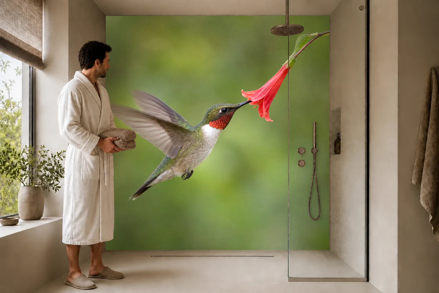 Duschrückwand „Kolibri an einer roten Blüte“ in einer Dusche mit einem Mann im Bademantel