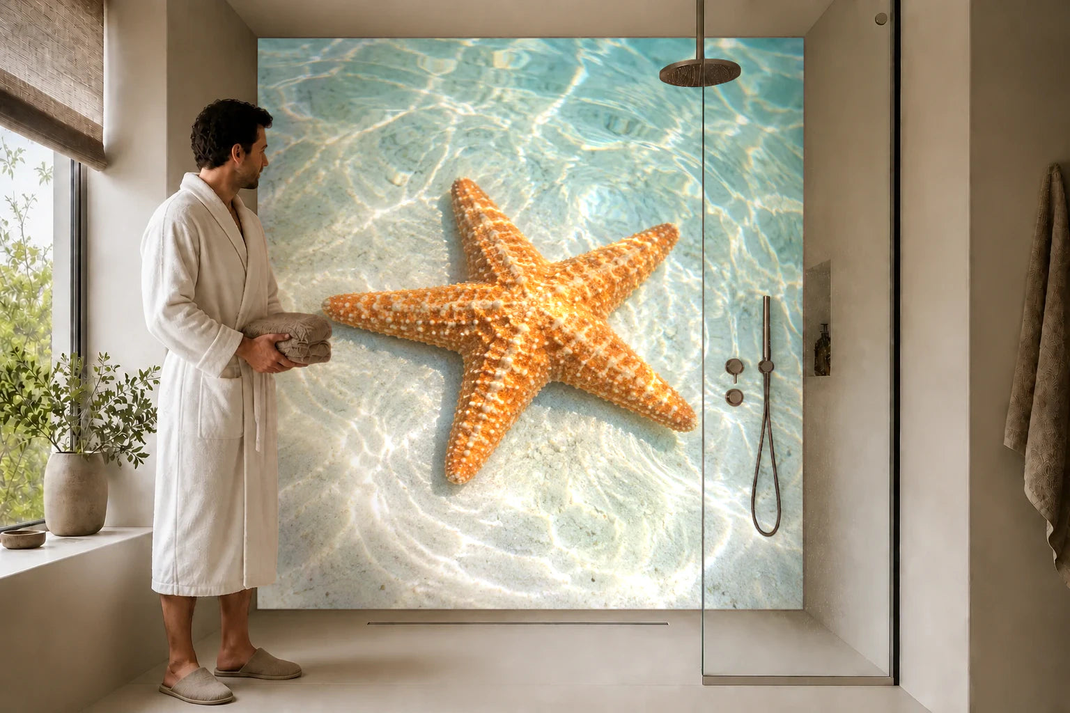 Duschrückwand „Seestern im türkisblauen Flachwasser“ in einer Dusche mit einem Mann im Bademantel