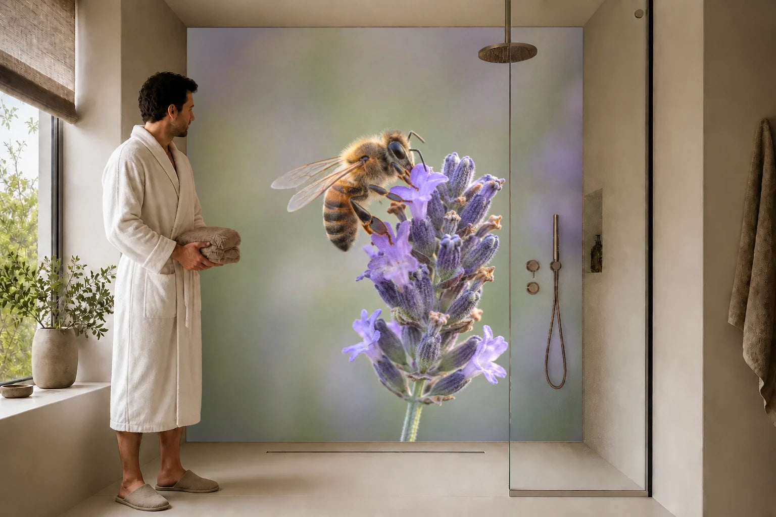 Duschrückwand „Biene auf einer Lavendelblüte“ in einer Dusche mit einem Mann im Bademantel