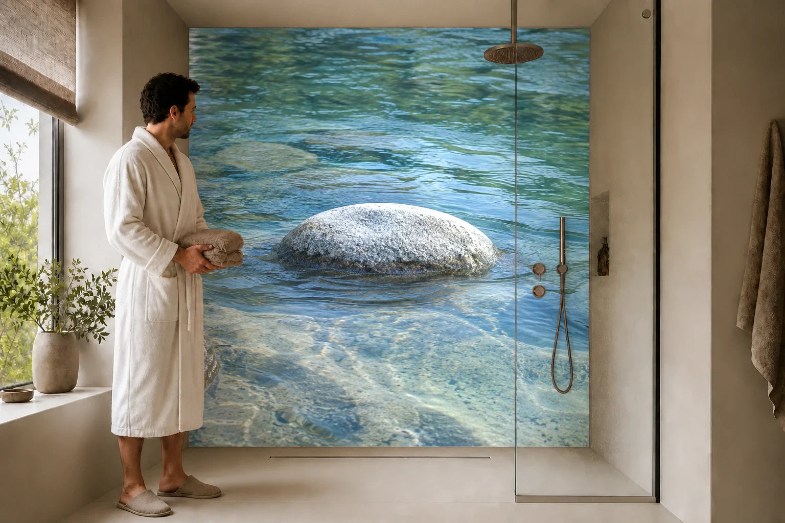 Duschrückwand „Sanfte Quellströmung über glatten Steinen“ in einer Dusche mit einem Mann im Bademantel