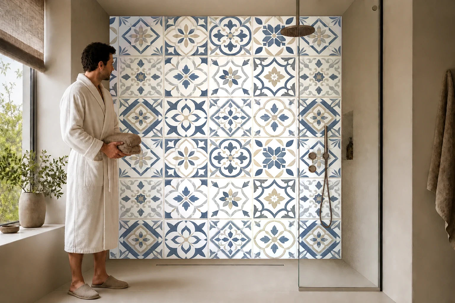 Duschrückwand „Küstenblaues Ornamentmosaik“ in einer Dusche mit einem Mann im Bademantel