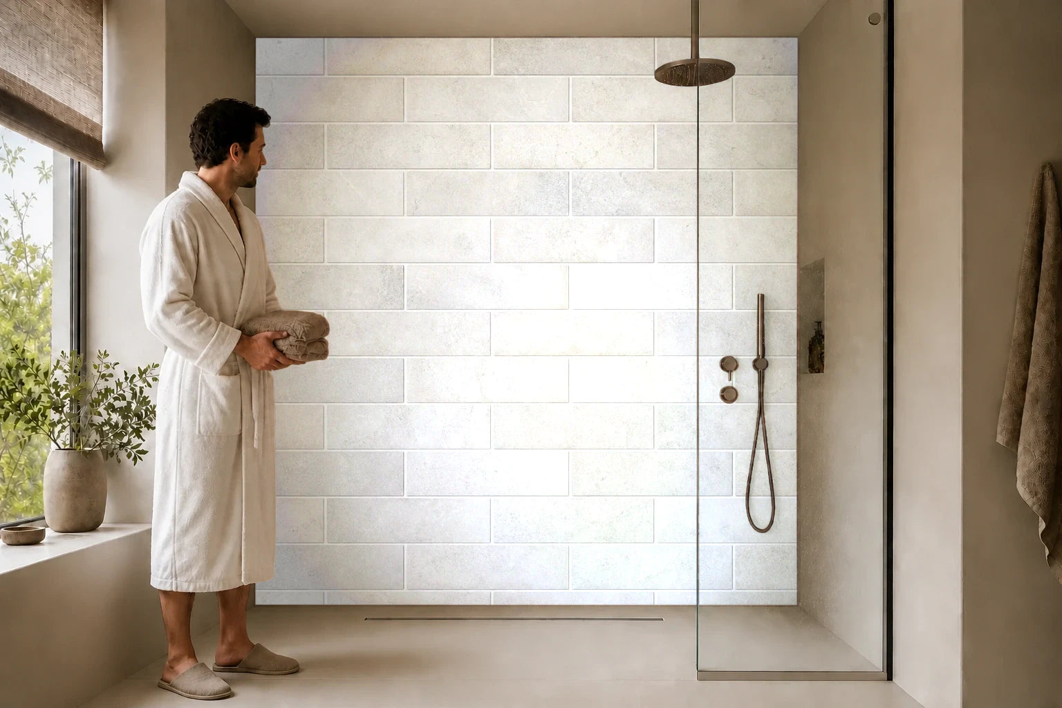 Duschrückwand „Kalkweißes Ziegelraster“ in einer Dusche mit einem Mann im Bademantel