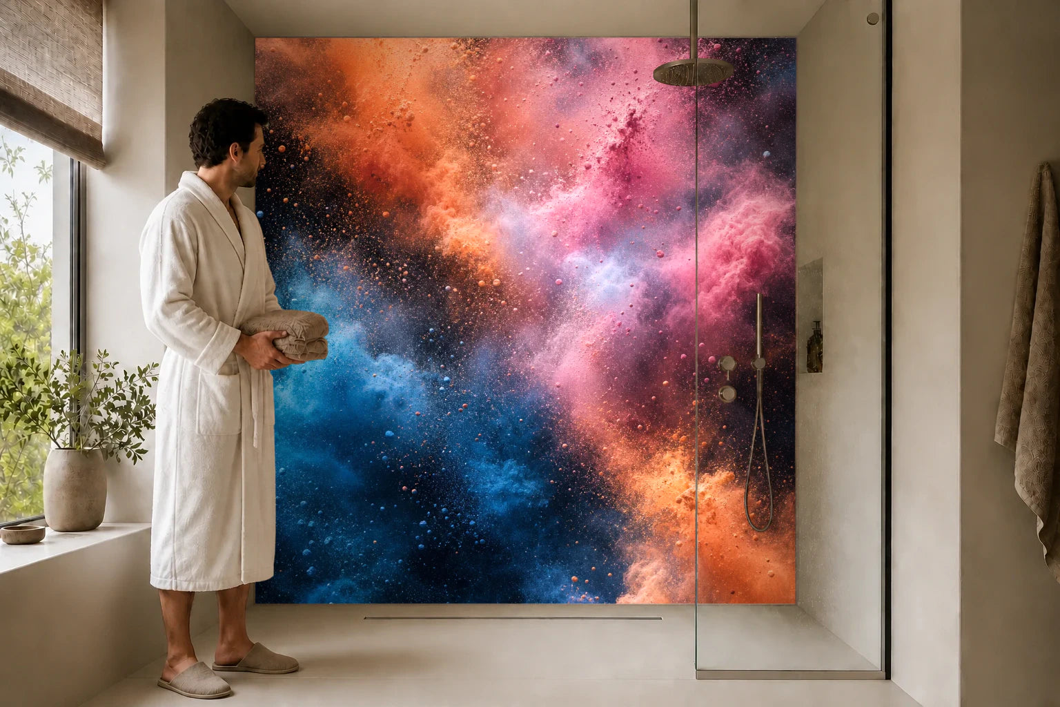 Duschrückwand „Farbwolken der Mitternacht“ in einer Dusche mit einem Mann im Bademantel