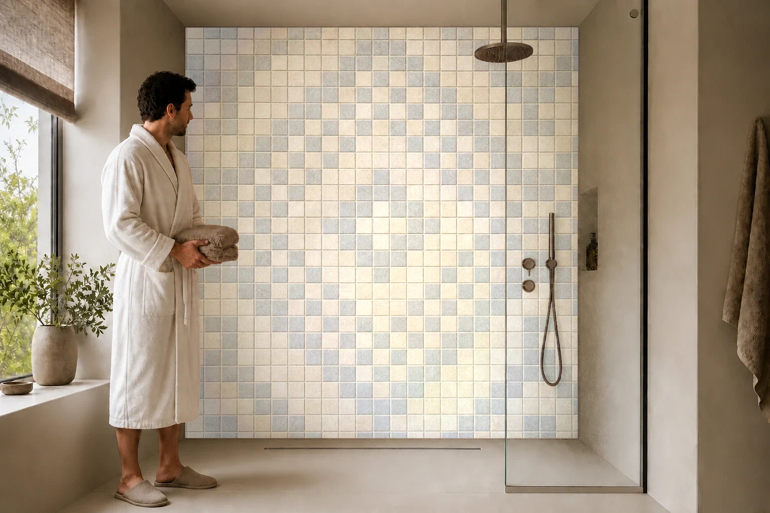 Duschrückwand „Sandmosaik im Quadratrhythmus“ in einer Dusche mit einem Mann im Bademantel