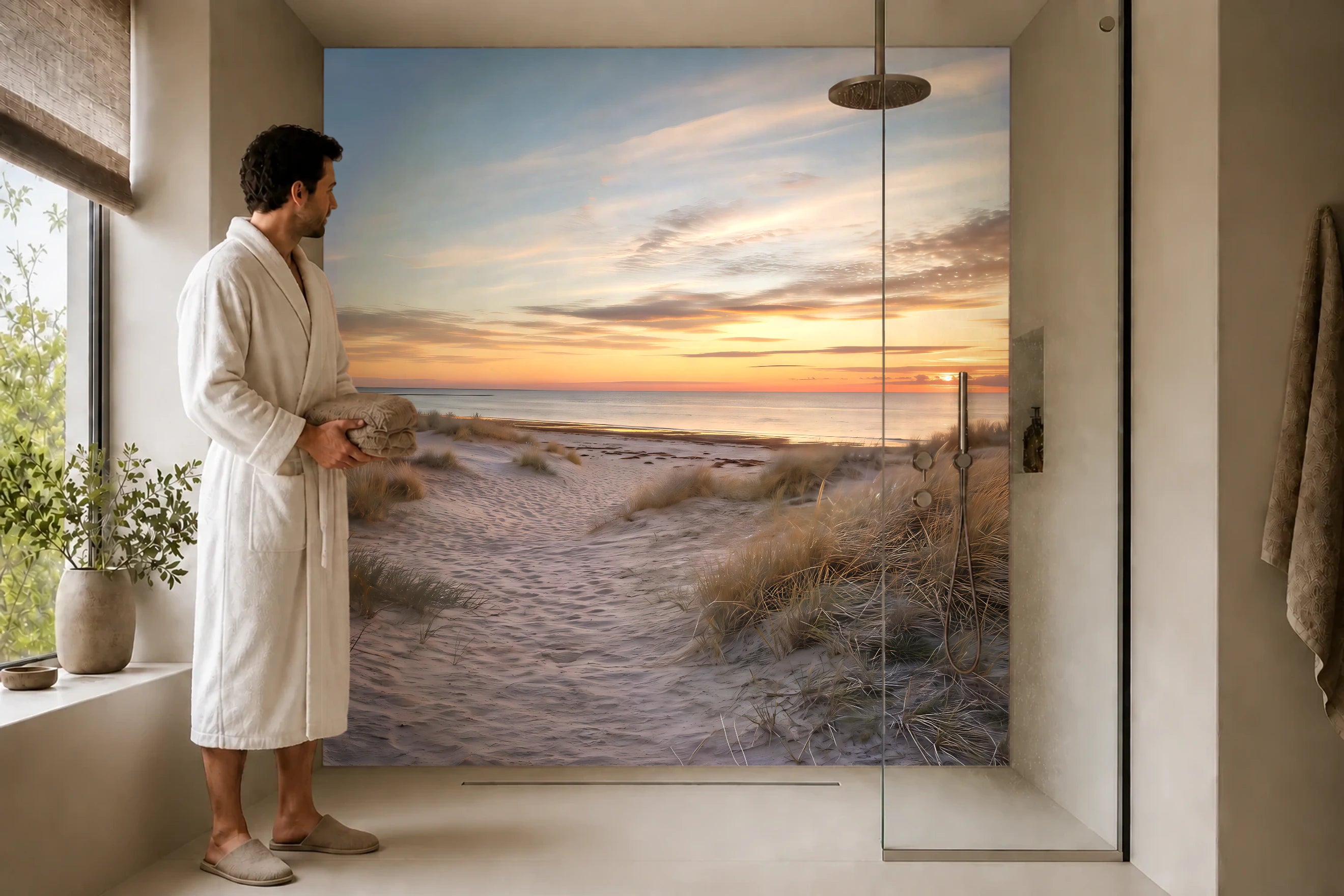 Duschrückwand „Dünenweg zum Abendmeer“ in einer Dusche mit einem Mann im Bademantel