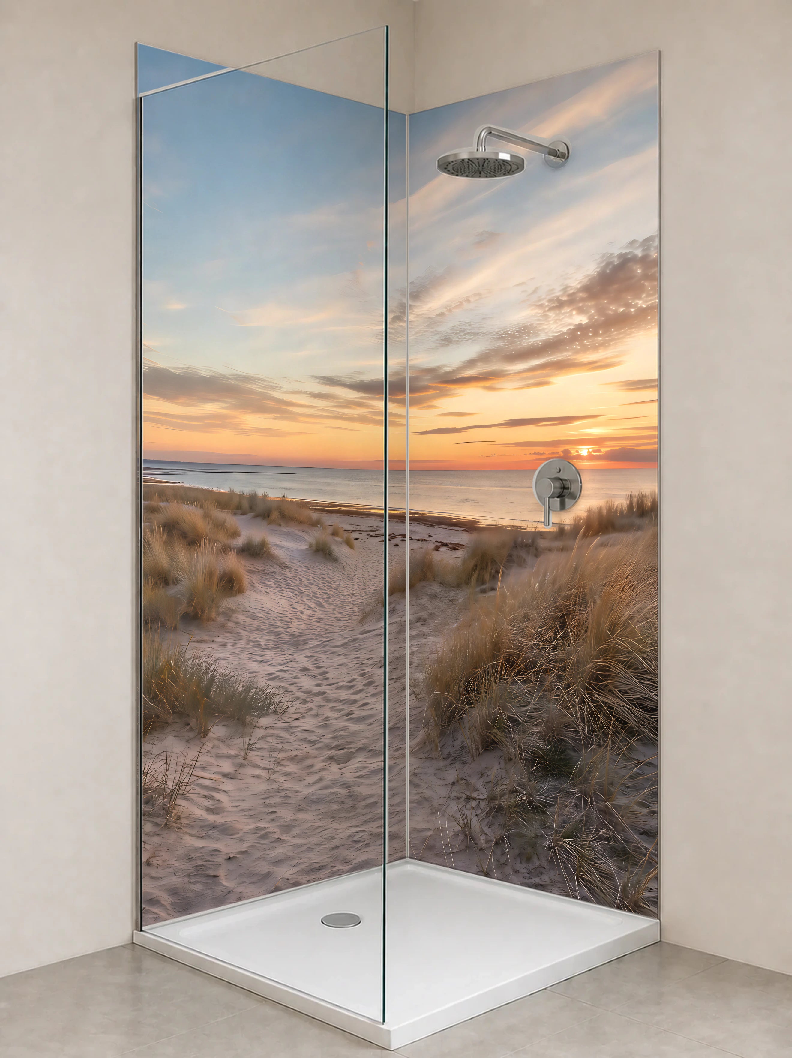 Duschrückwand „Dünenweg zum Abendmeer“ als installierte Rückwand in einer hellen Dusche
