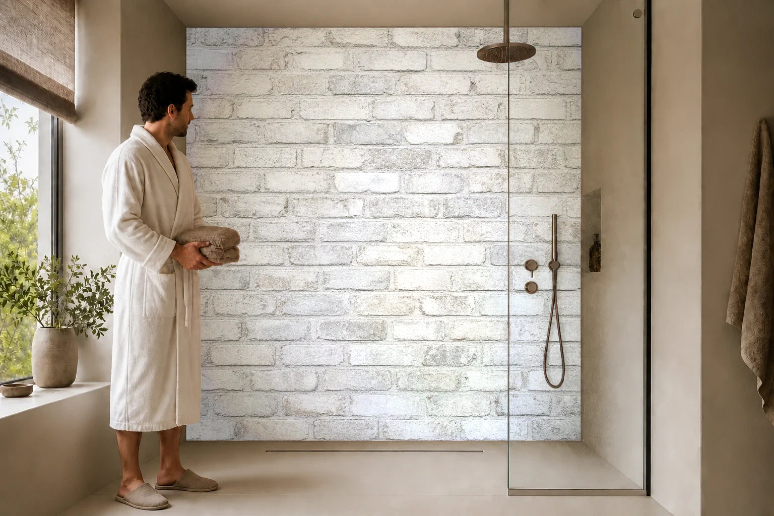 Duschrückwand „Kreideziegel in Nebelgrau“ in einer Dusche mit einem Mann im Bademantel