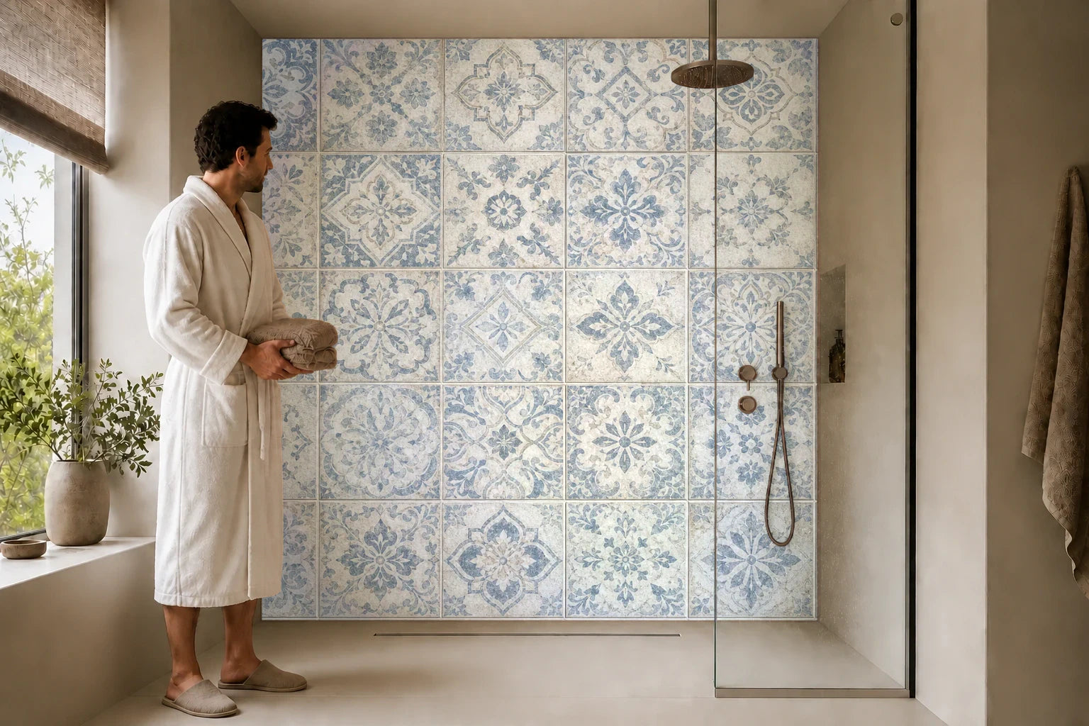 Duschrückwand „Azurblaue Ornamentpatina“ in einer Dusche mit einem Mann im Bademantel
