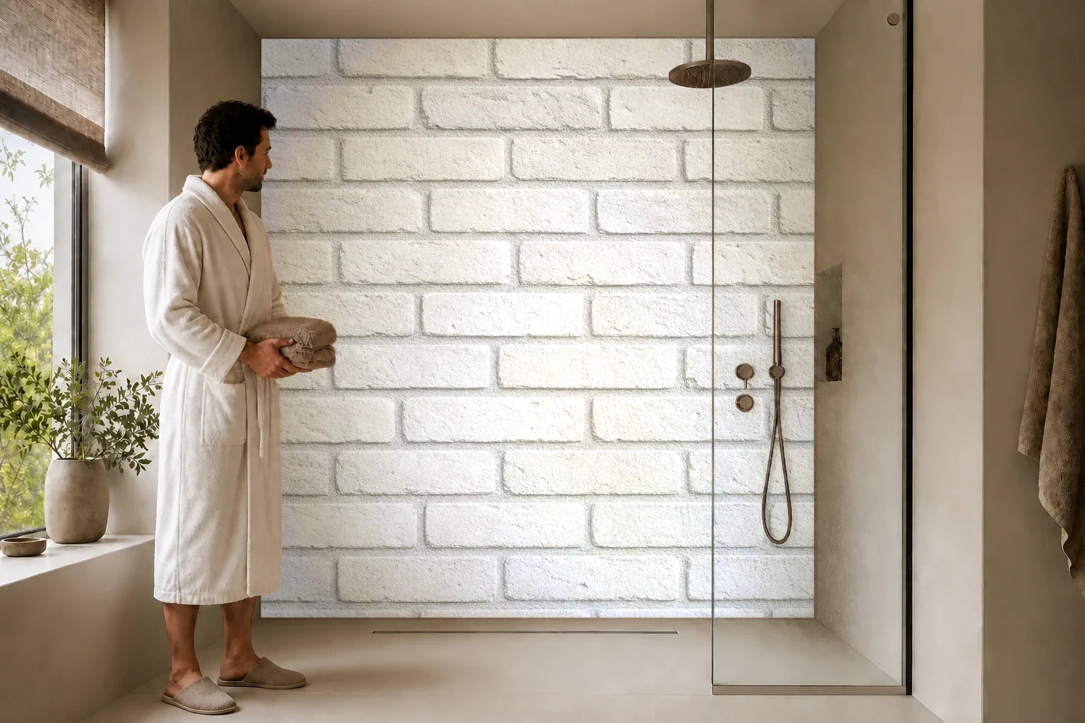 Duschrückwand „Kalkziegel in Weißgrau“ in einer Dusche mit einem Mann im Bademantel