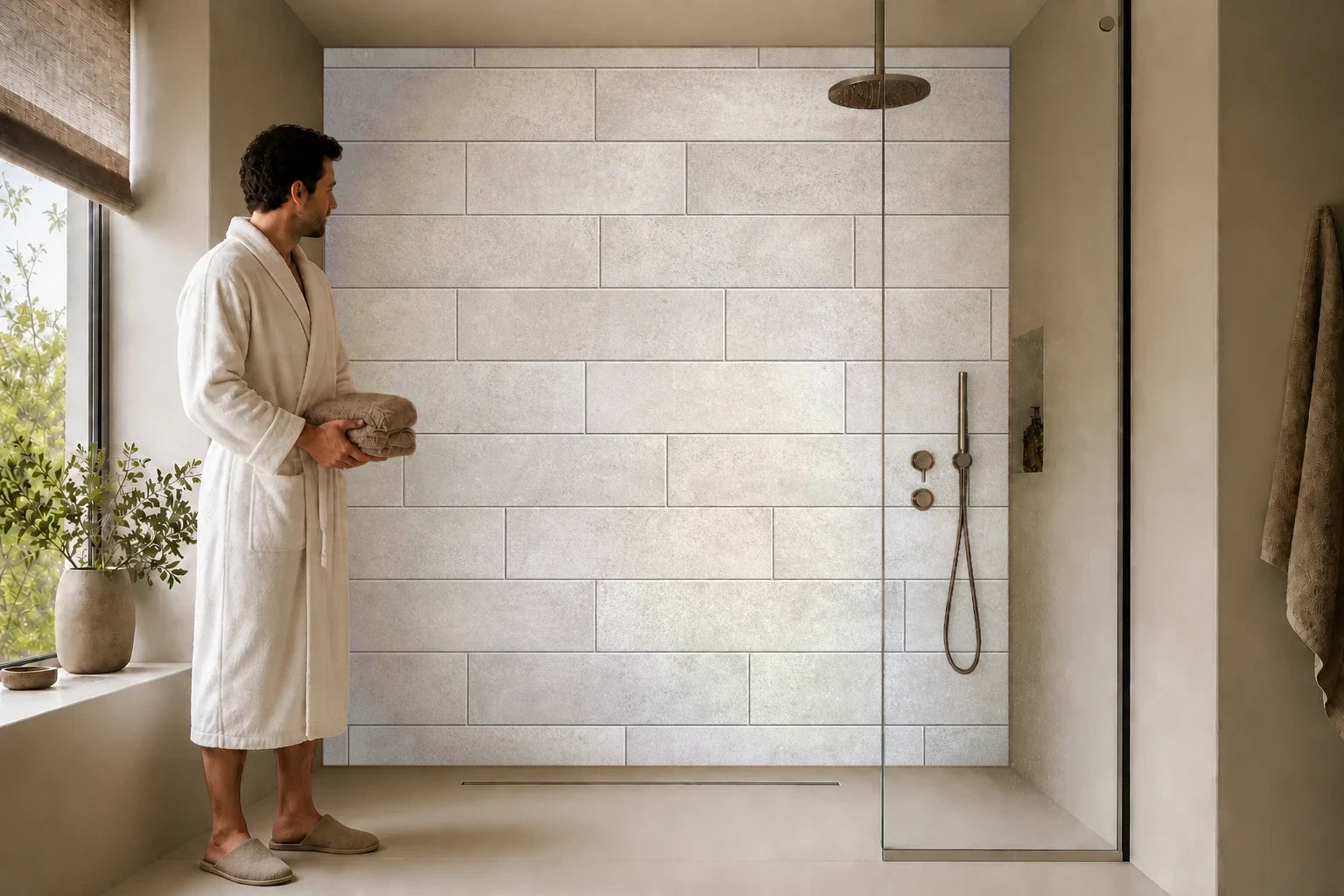 Duschrückwand „Graue Klinkerordnung“ in einer Dusche mit einem Mann im Bademantel