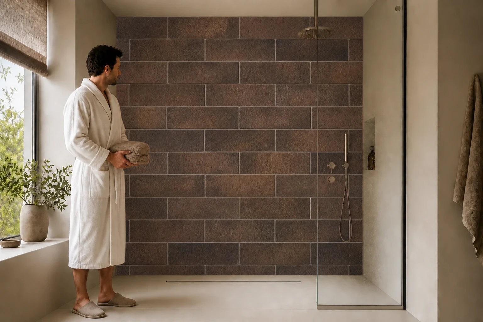 Duschrückwand „Dunkler Klinker im Erdton“ in einer Dusche mit einem Mann im Bademantel