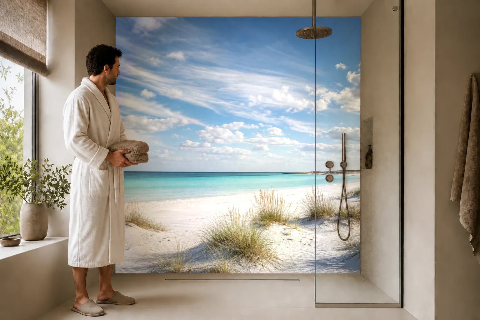 Duschrückwand „Lagune im Weißsandlicht“ in einer Dusche mit einem Mann im Bademantel