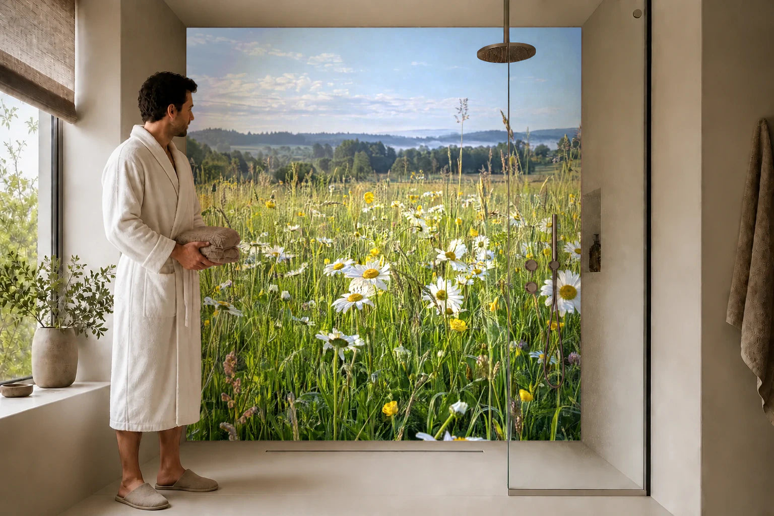 Duschrückwand „Margeriten im tiefen Morgenlicht“ in einer Dusche mit einem Mann im Bademantel