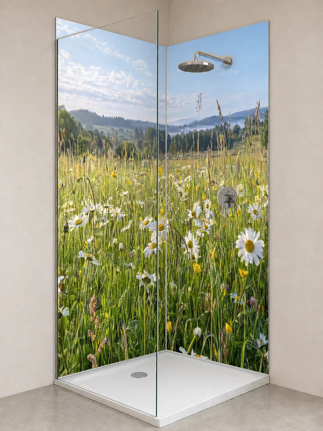 Duschrückwand „Margeriten im tiefen Morgenlicht“ als installierte Rückwand in einer hellen Dusche