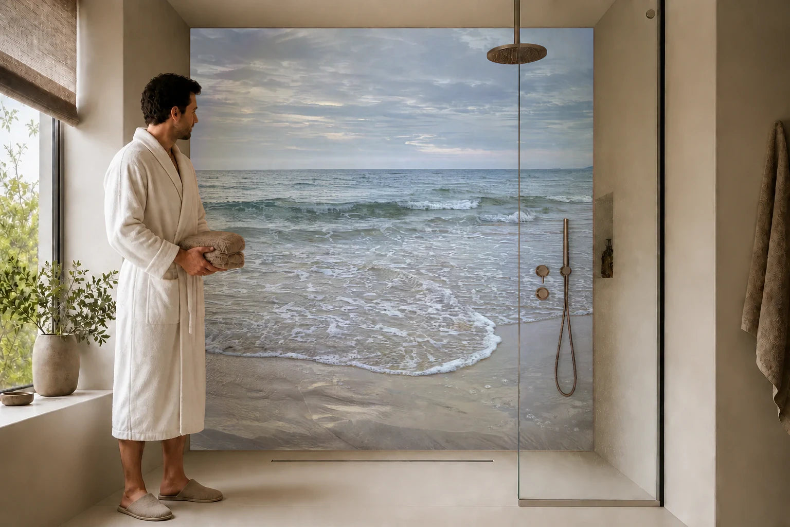 Duschrückwand „Flacher Ostseesaum am Morgen“ in einer Dusche mit einem Mann im Bademantel