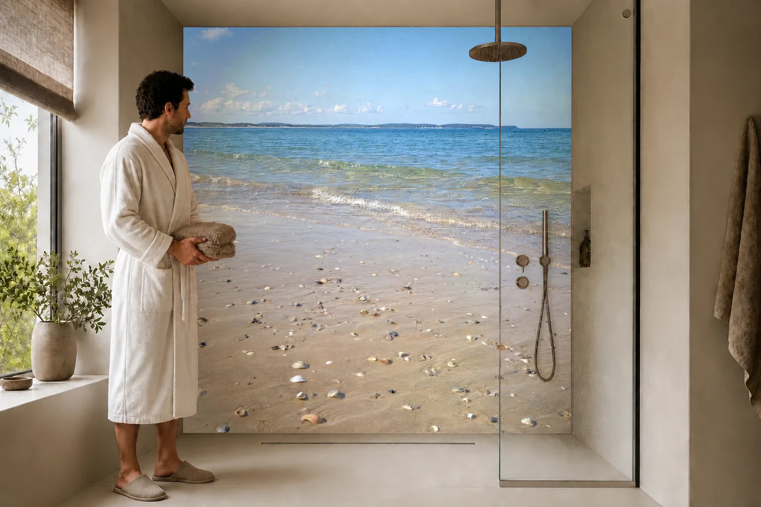 Duschrückwand „Muschelsand in der stillen Bucht“ in einer Dusche mit einem Mann im Bademantel
