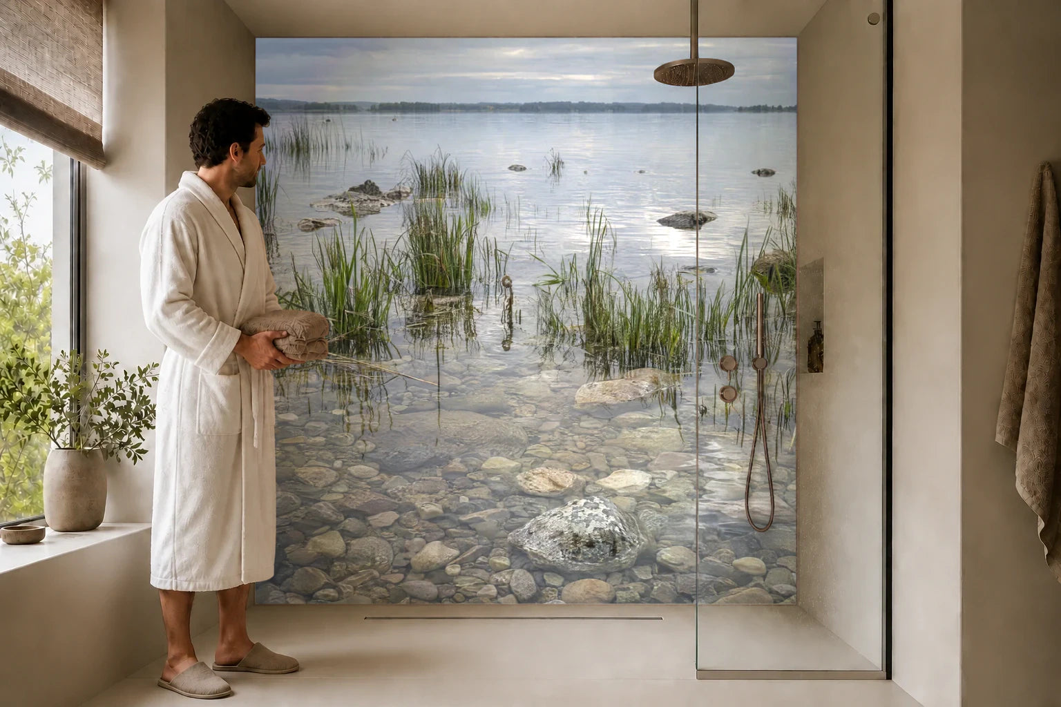 Duschrückwand „Schilf und helle Kiesel im Flachwasser“ in einer Dusche mit einem Mann im Bademantel