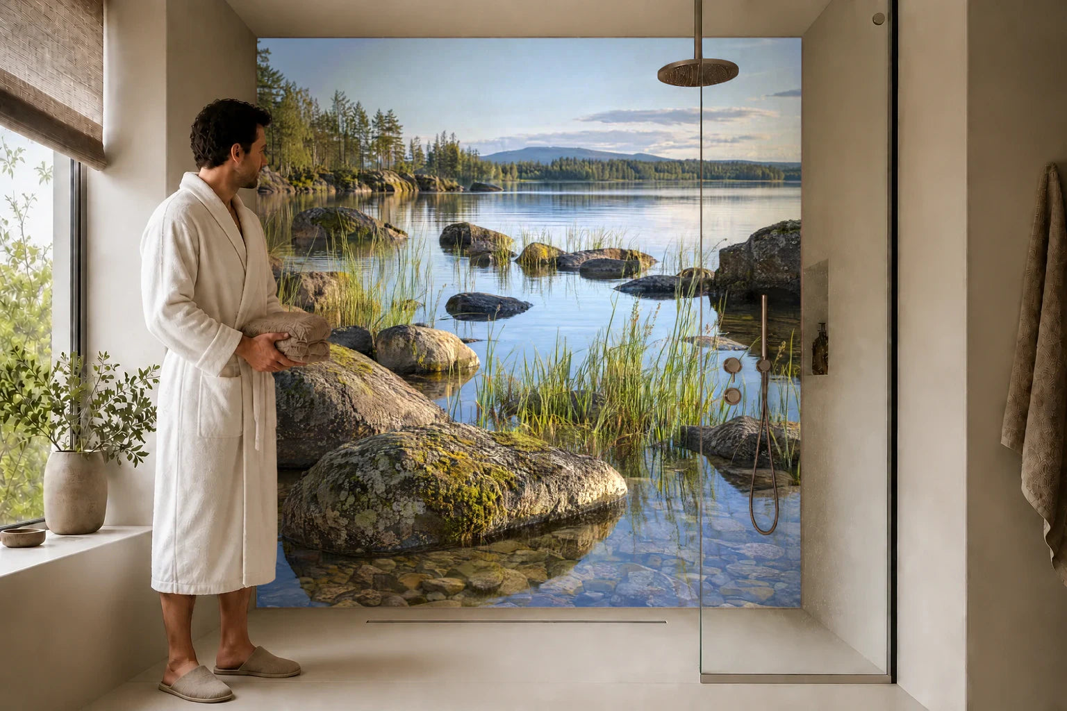 Duschrückwand „Granit und Seggen am Seeufer“ in einer Dusche mit einem Mann im Bademantel
