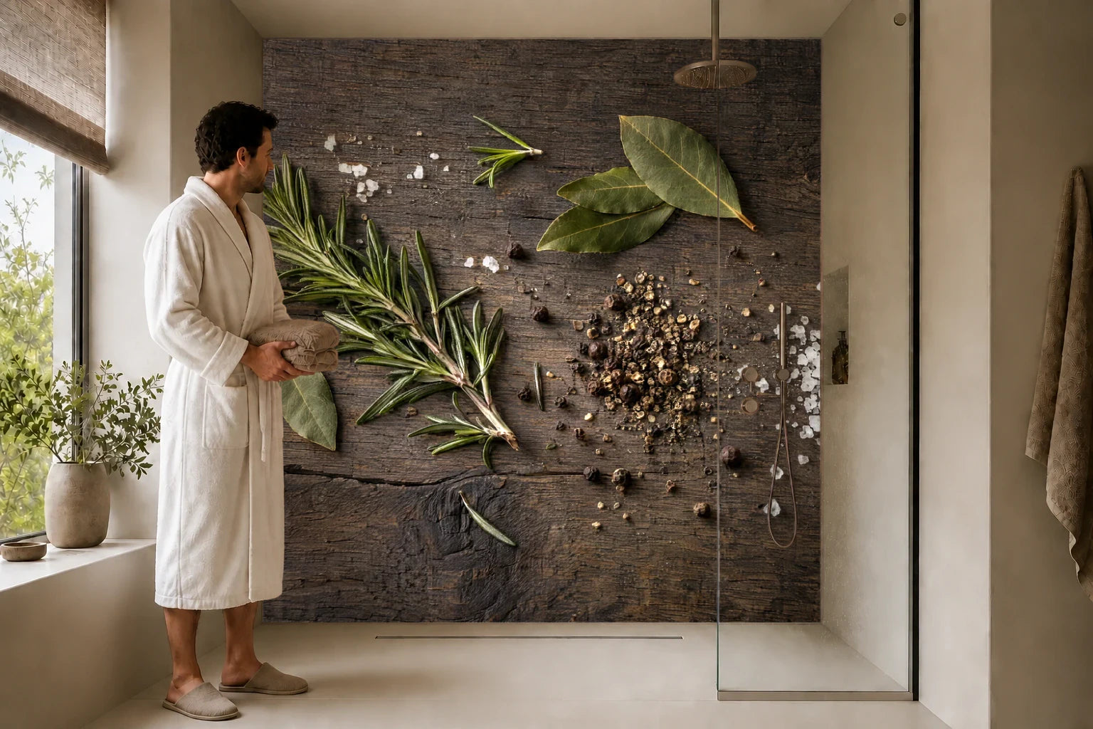 Duschrückwand „Rosmarin und Gewürze auf geräucherter Eiche“ in einer Dusche mit einem Mann im Bademantel