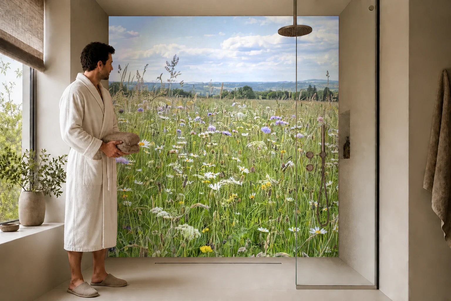 Duschrückwand „Wiesenblüten in sanftem Sommerlicht“ in einer Dusche mit einem Mann im Bademantel