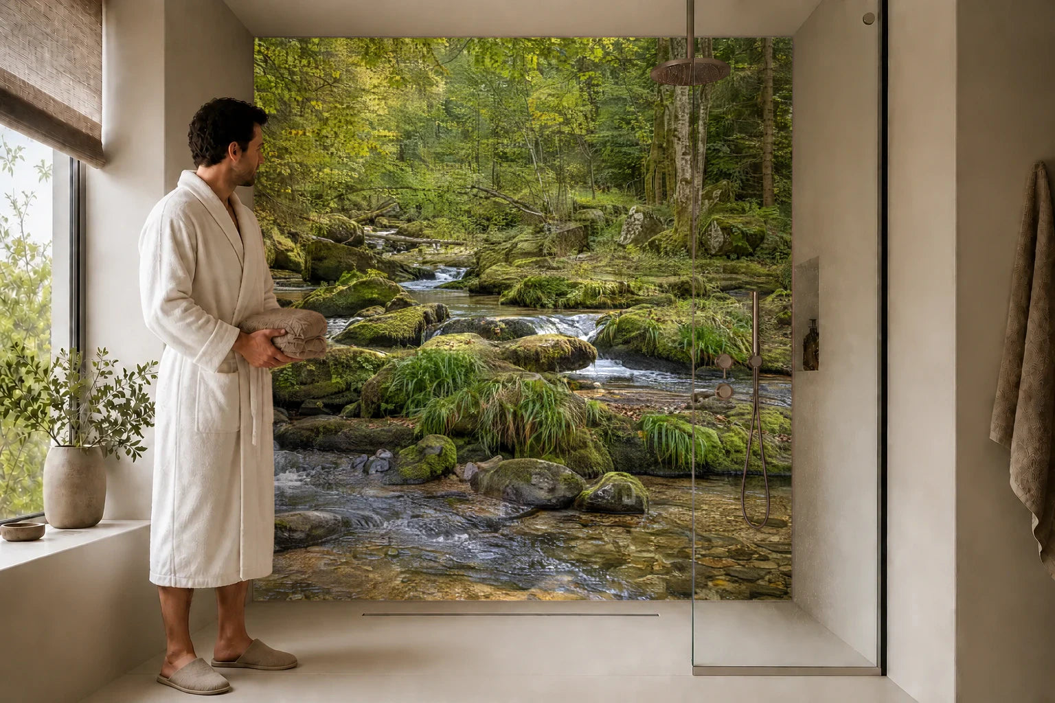 Duschrückwand „Bacharme im moosigen Mischwald“ in einer Dusche mit einem Mann im Bademantel