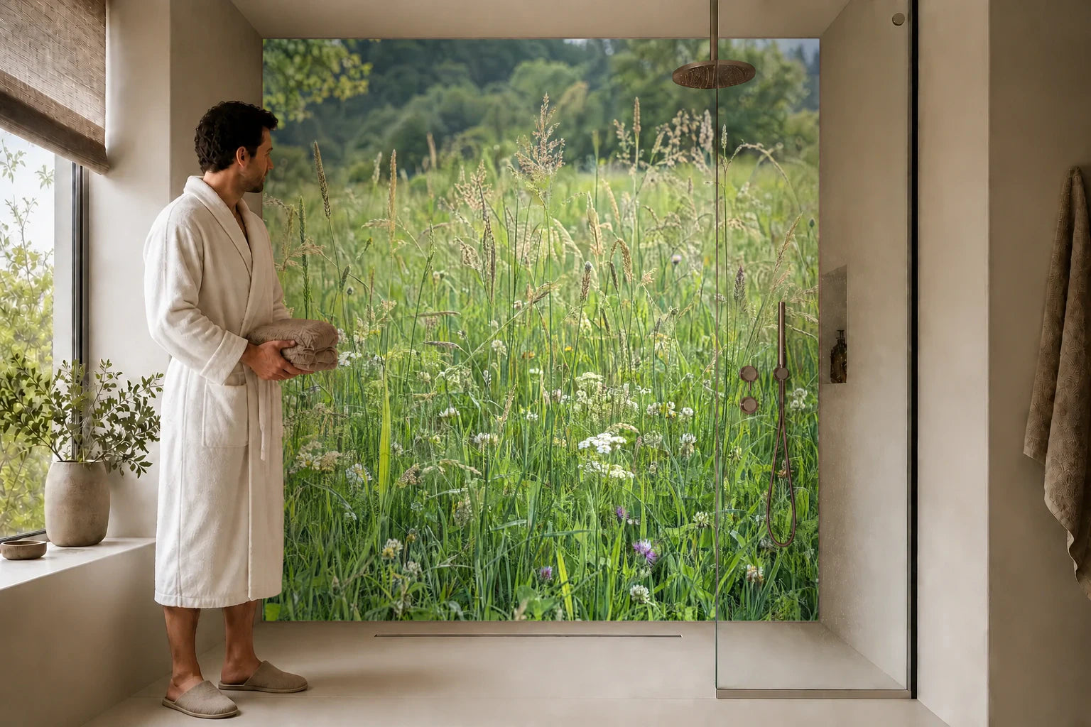 Duschrückwand „Sommergras zwischen kleinen Wildblüten“ in einer Dusche mit einem Mann im Bademantel