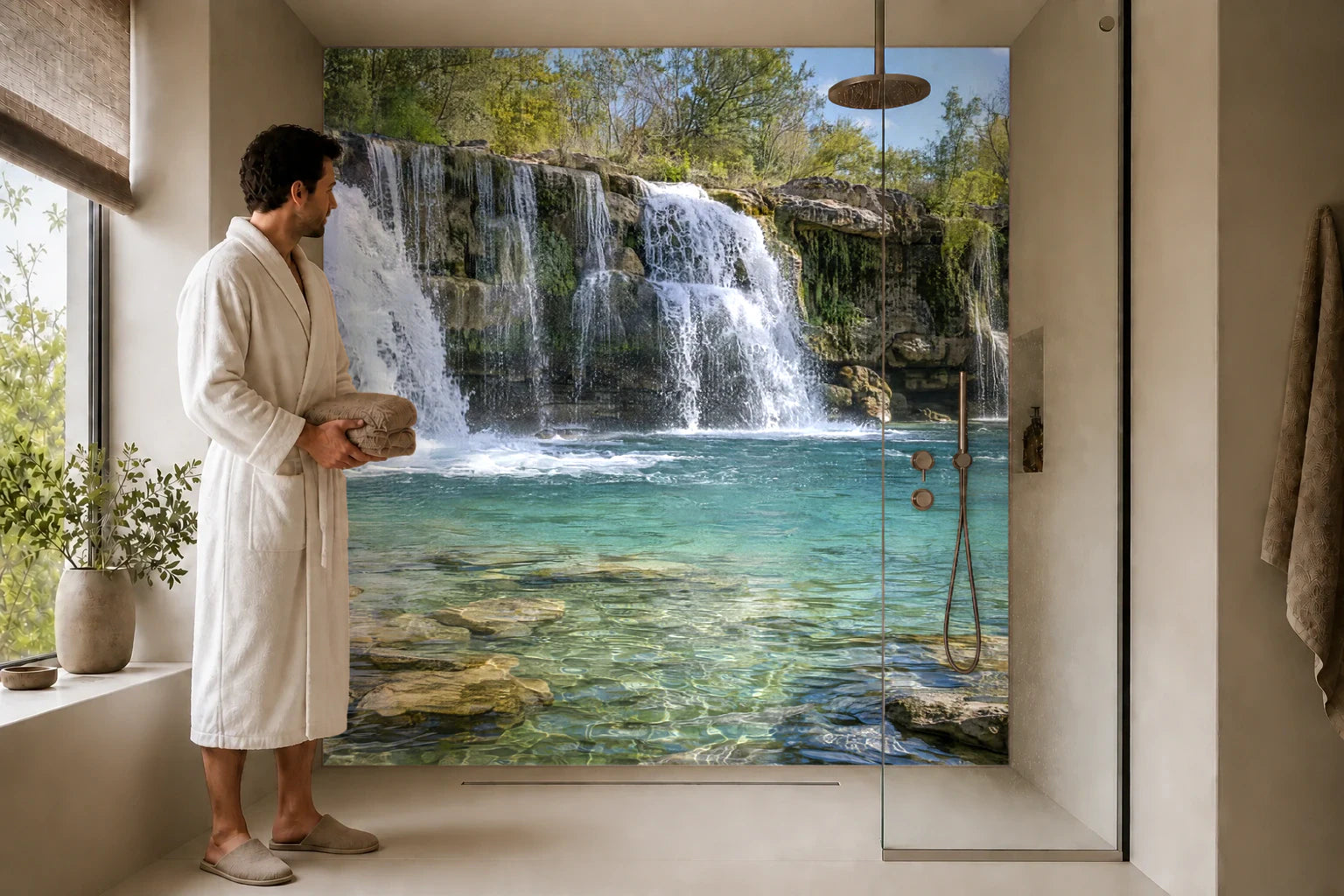 Duschrückwand „Breite Kalkstufe über türkisgrünem Fluss“ in einer Dusche mit einem Mann im Bademantel